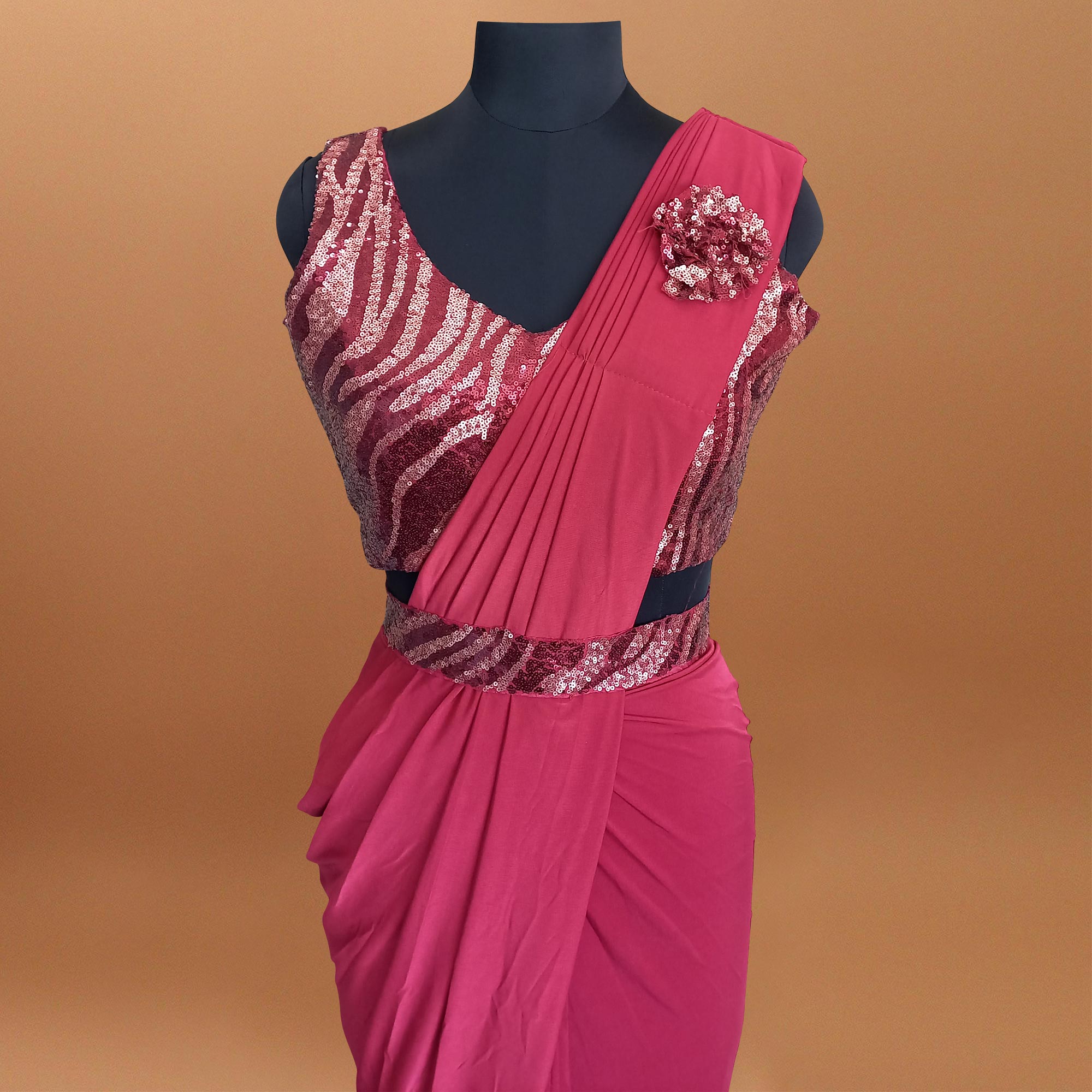 Pink Solid With Sequins Ready to Wear Lycra Saree
