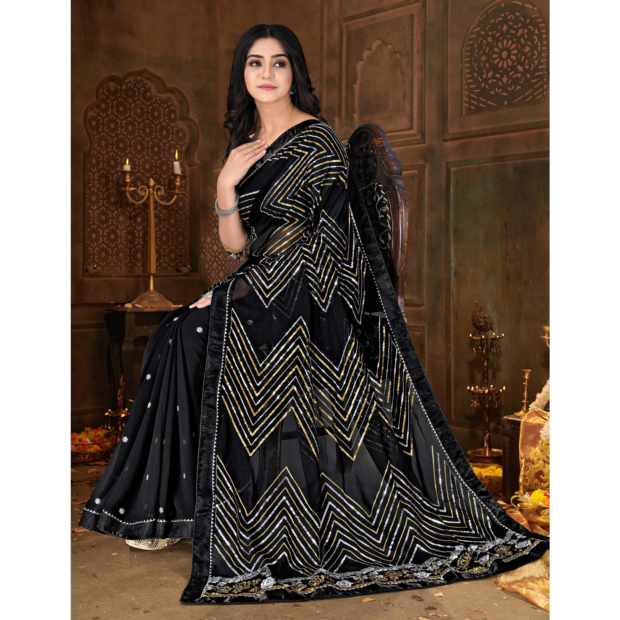 Black Sequins Embroidered Georgette Saree