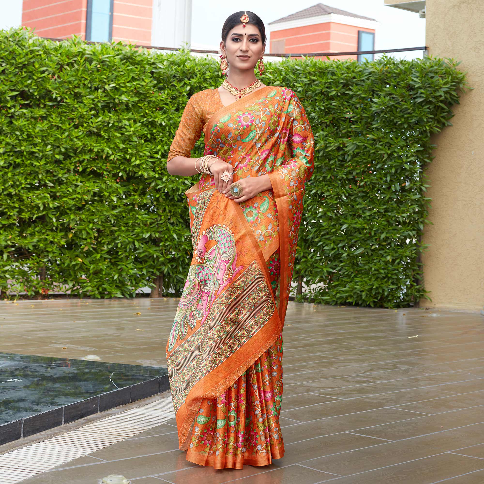 Orange Floral Digital Printed Cotton Silk Saree
