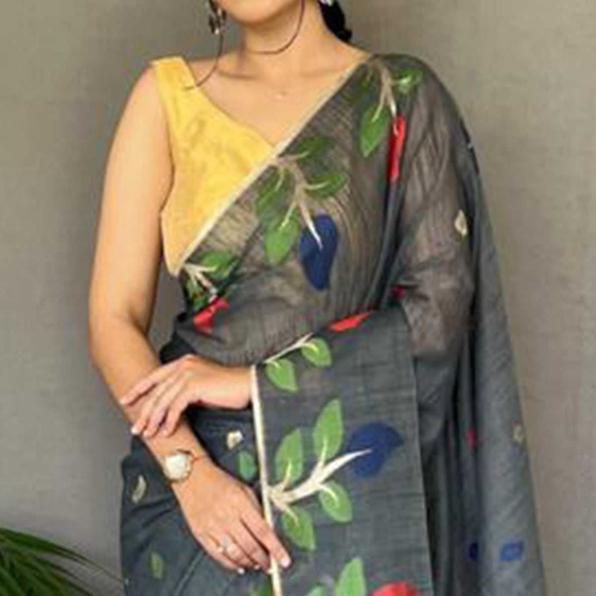 Grey Floral Woven Cotton Saree