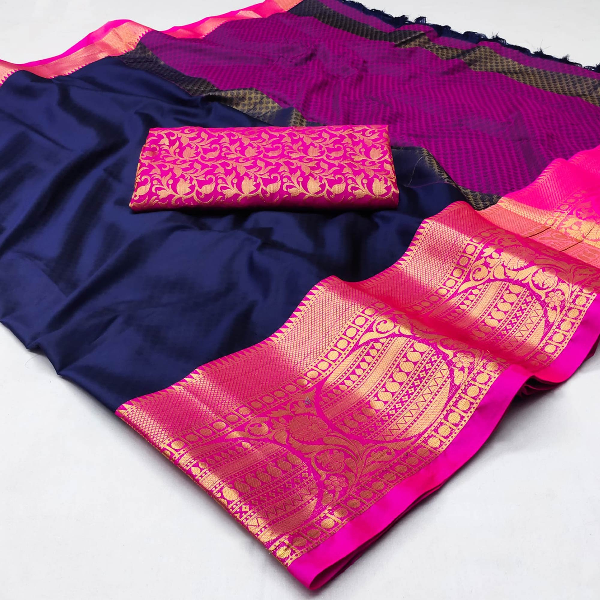 Navy Blue Woven Cotton Silk Saree With Tassels