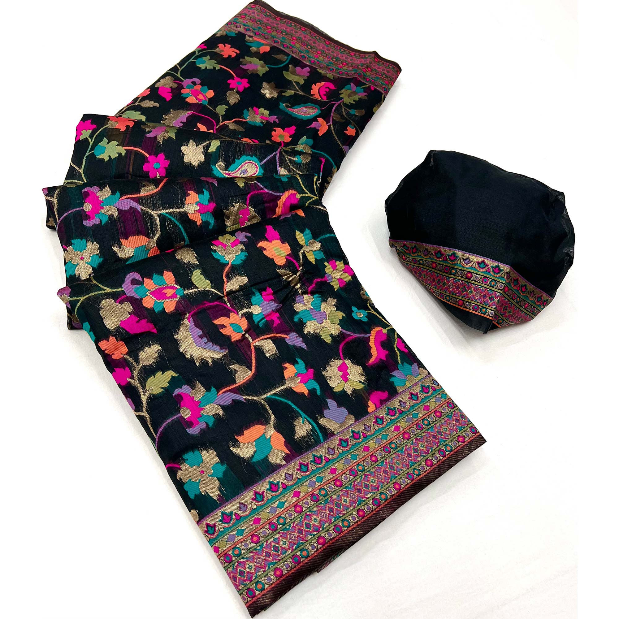 Black Floral Woven Pashmina Saree