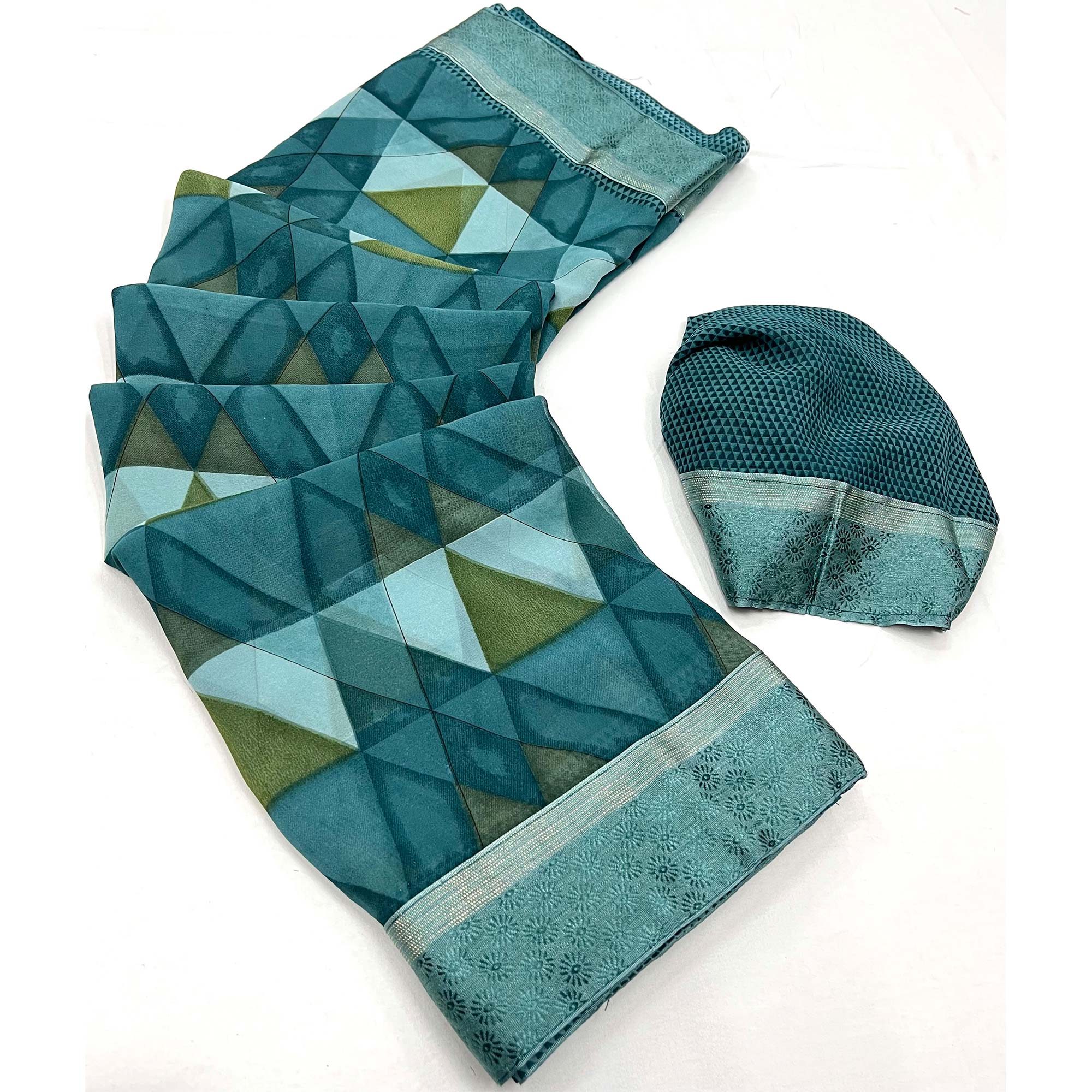 Rama Blue Geometric Printed Georgette Saree