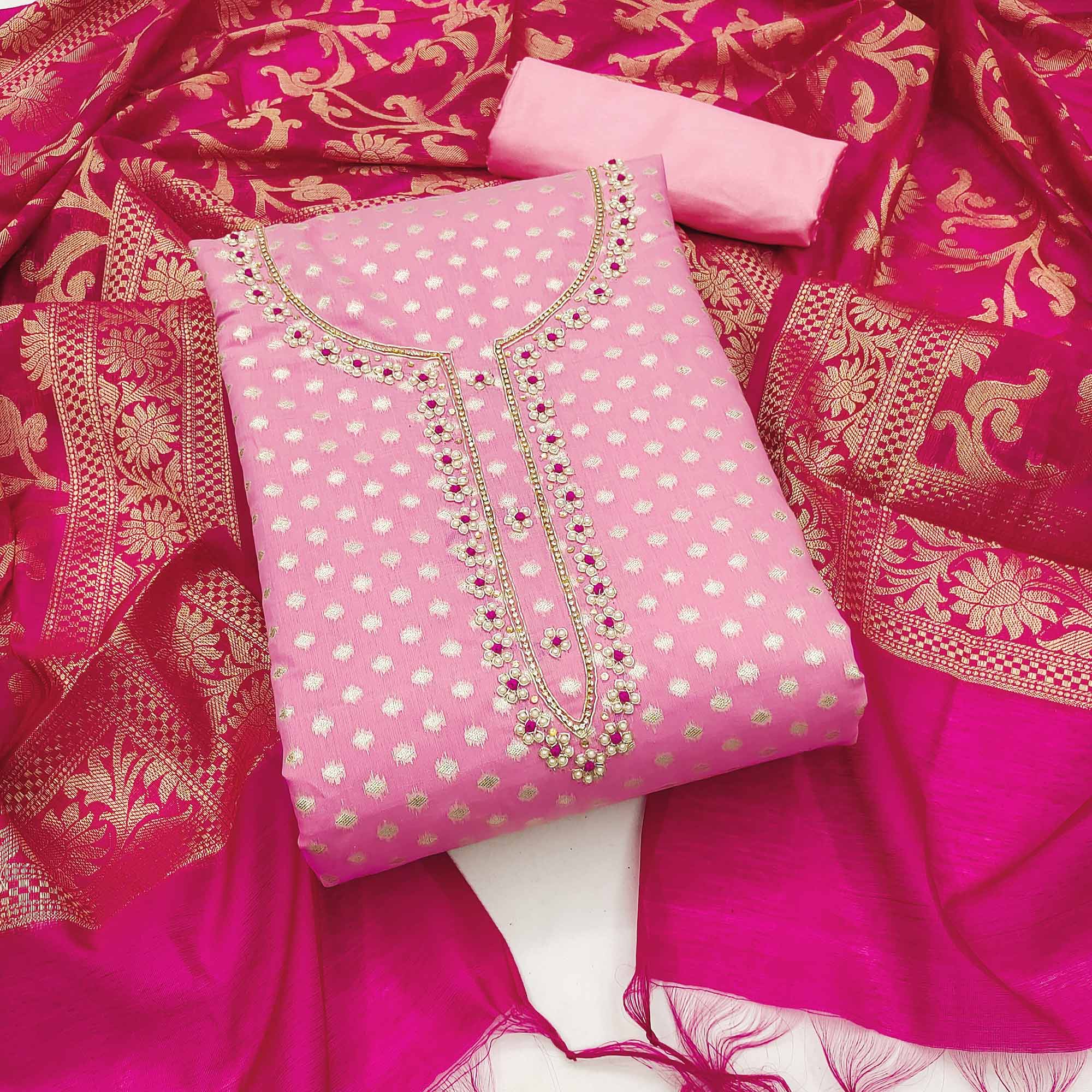 Pink Woven Banarasi Silk Dress Material