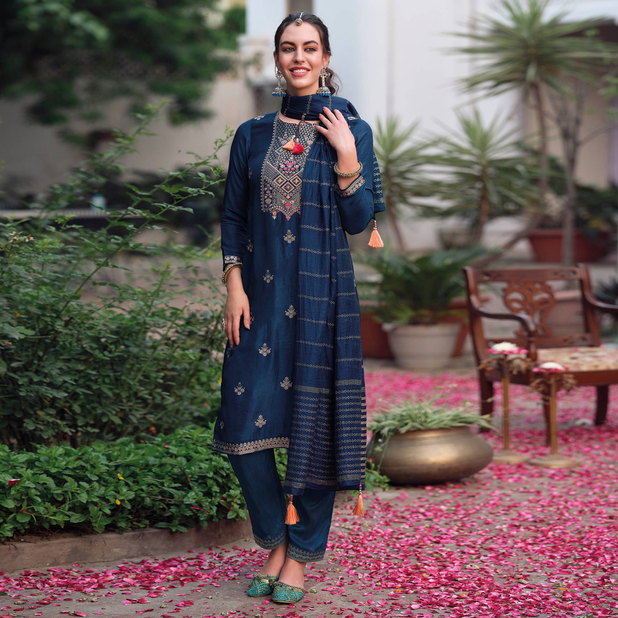 Blue Floral Woven Muslin Salwar Suit