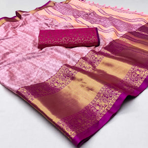 Blush Pink Woven Cotton Silk Saree With Tassels