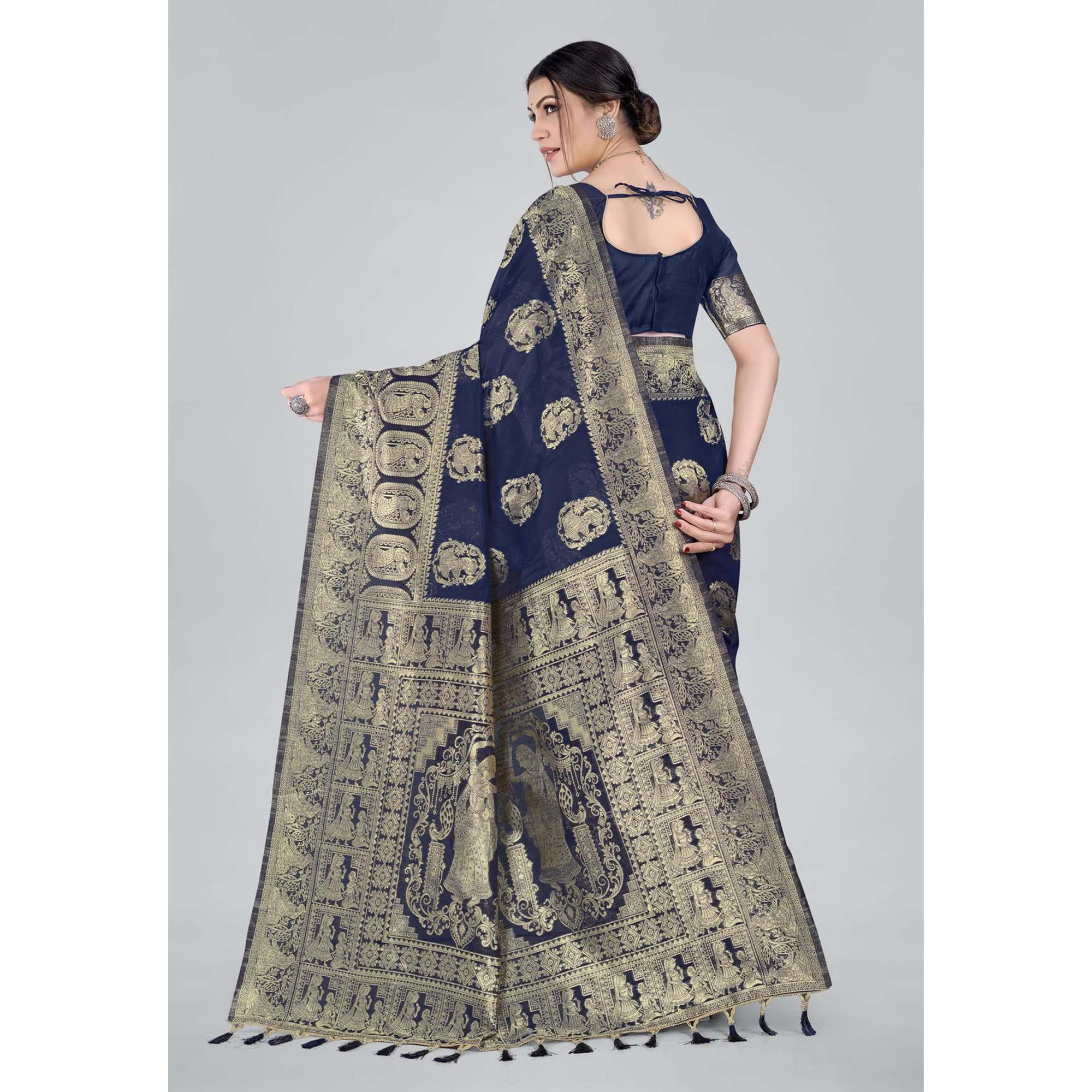 Blue Woven Organza Saree With Tassels