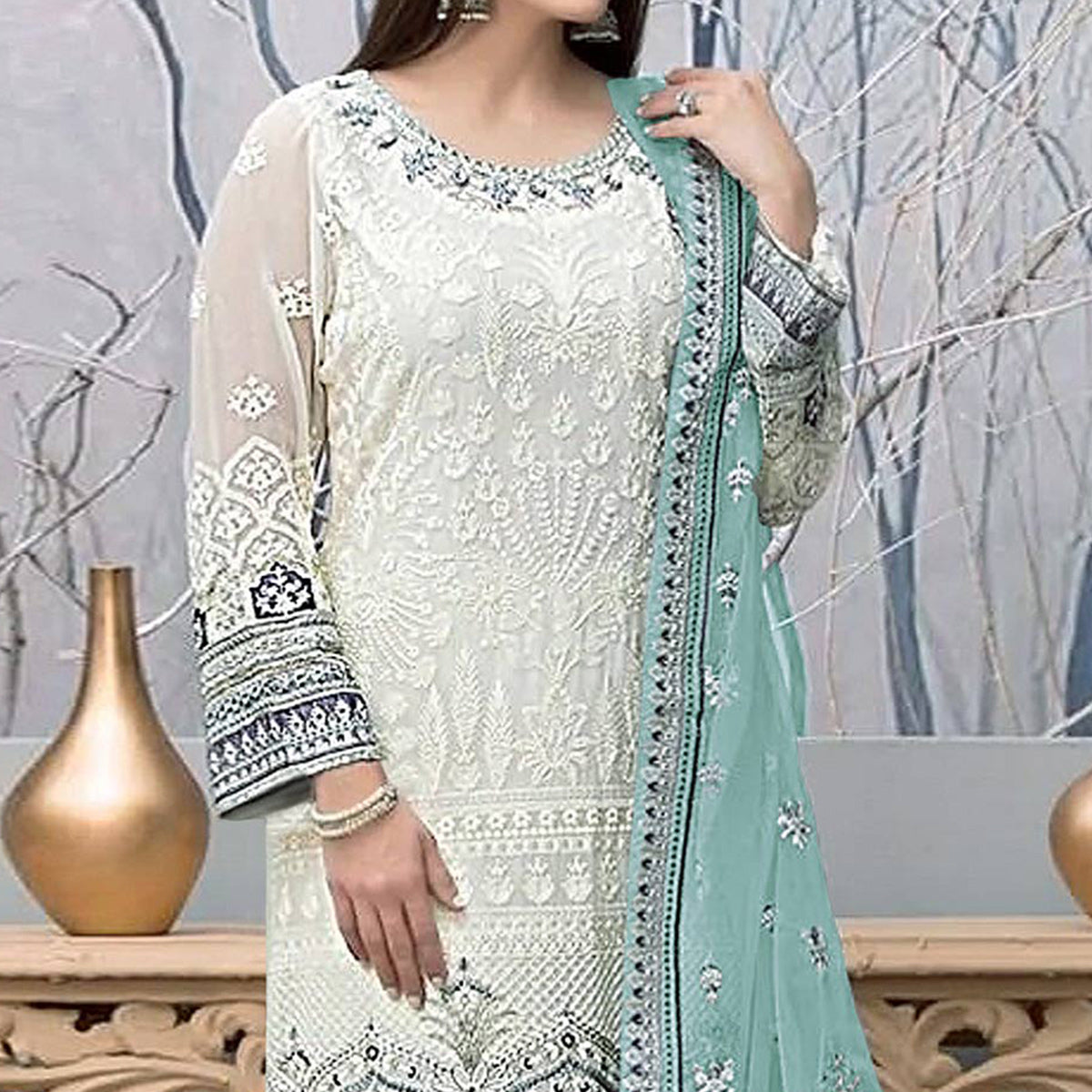 White Embroidered Georgette Pakistani Suit