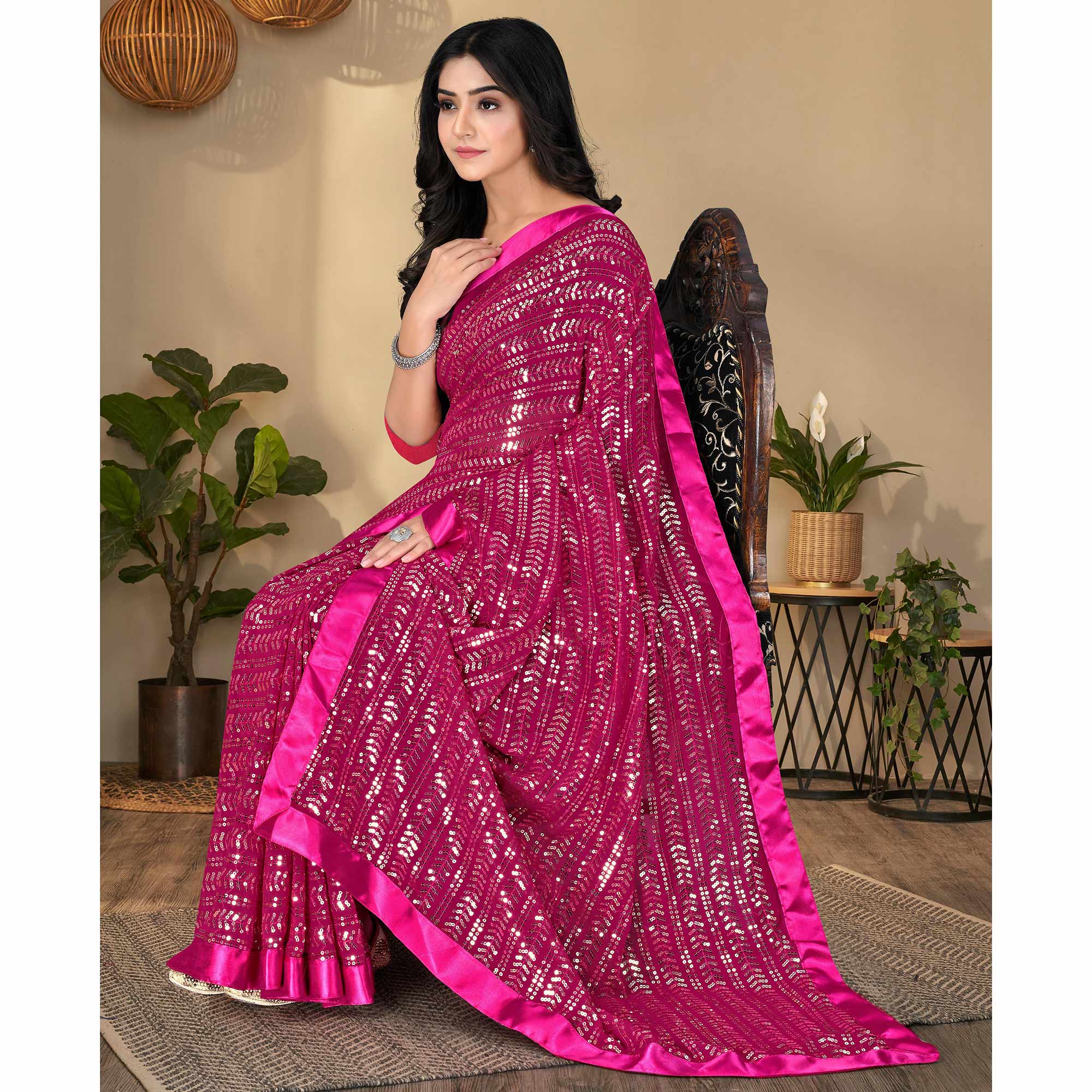 Pink Sequins Embroidered Georgette Saree