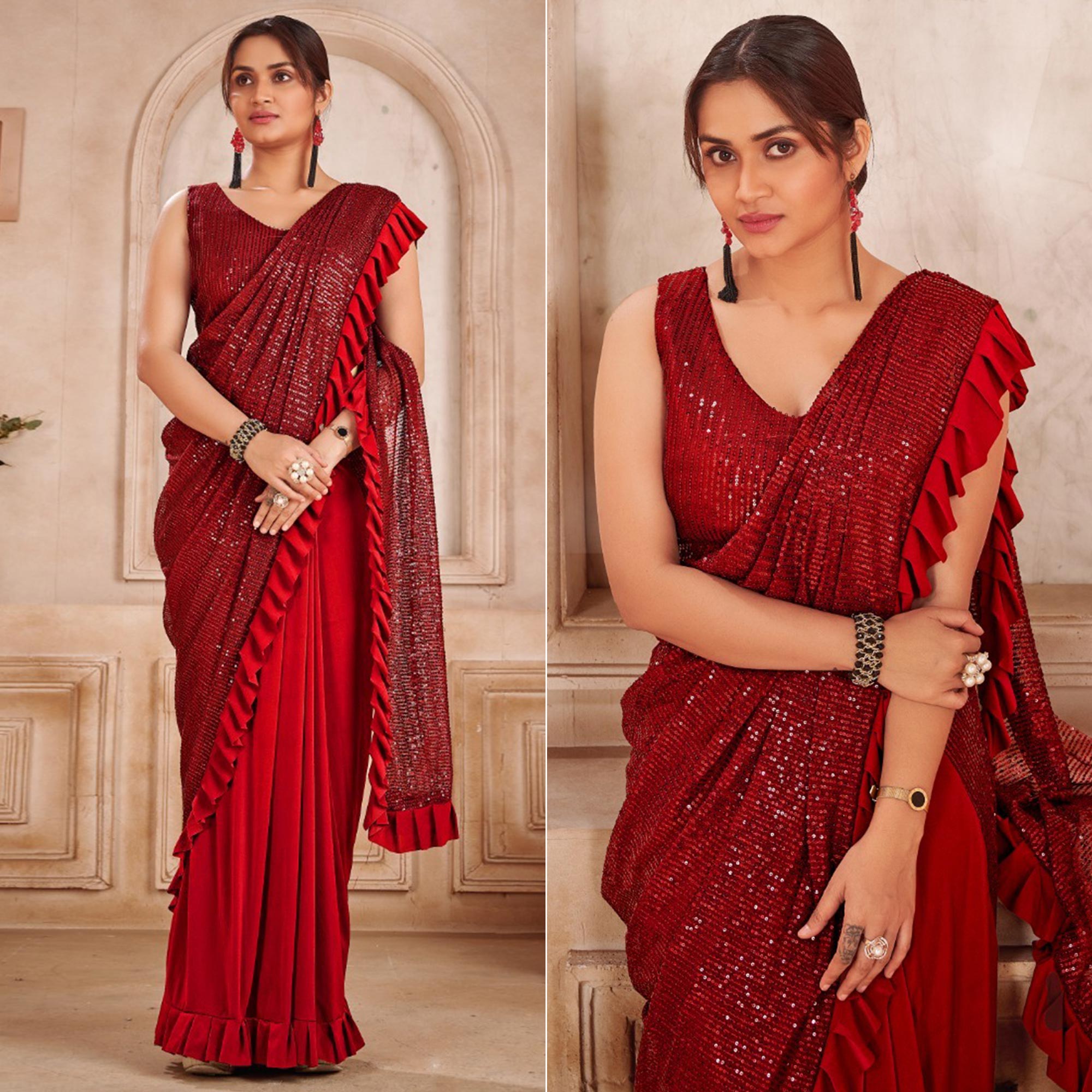 Red Sequins Embroidered Ready to Wear Lycra And Netted Saree