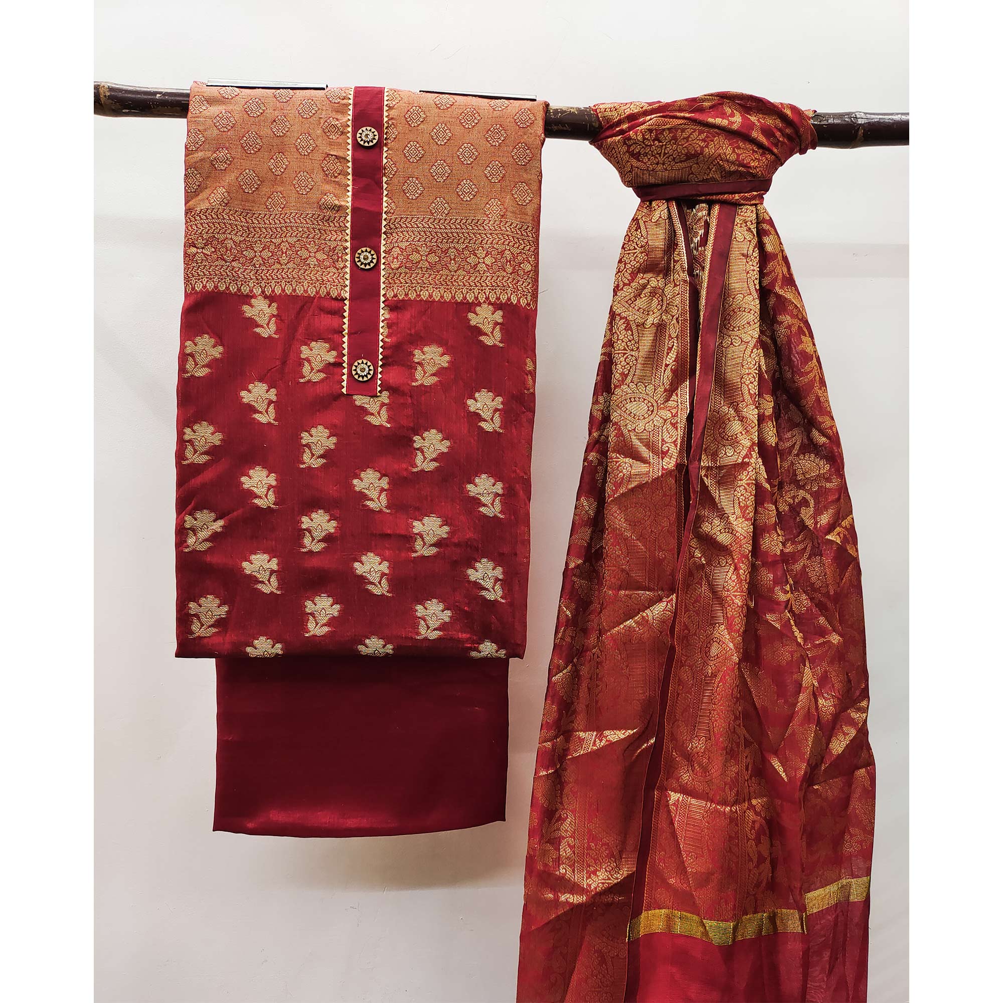 Red Floral Woven Banarasi Silk Dress Material