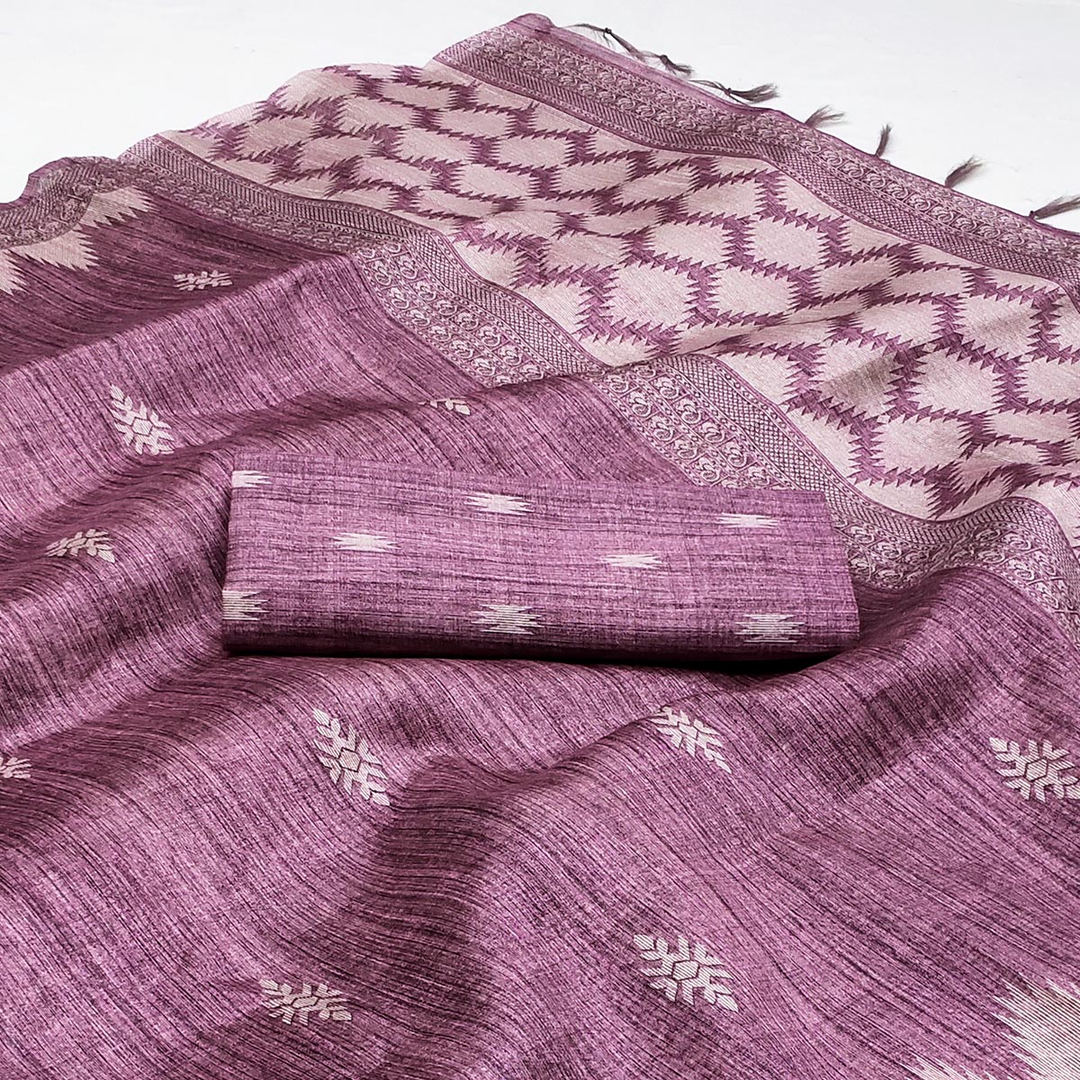 Purple Printed Tussar Silk Saree With Tassels