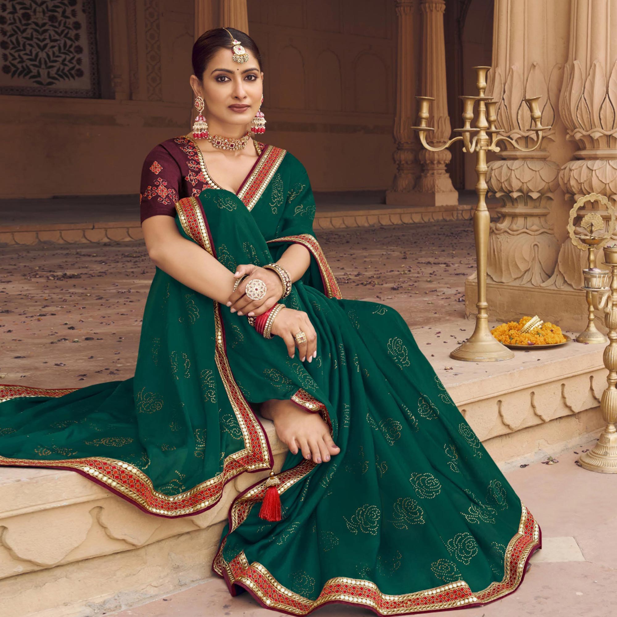Green Embellished With Embroidered Border Satin Saree
