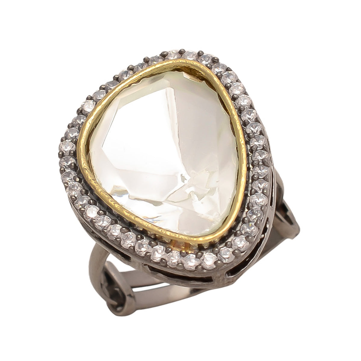 Black Polish Single Kundan Stone And American Diamond Adjustable Ring