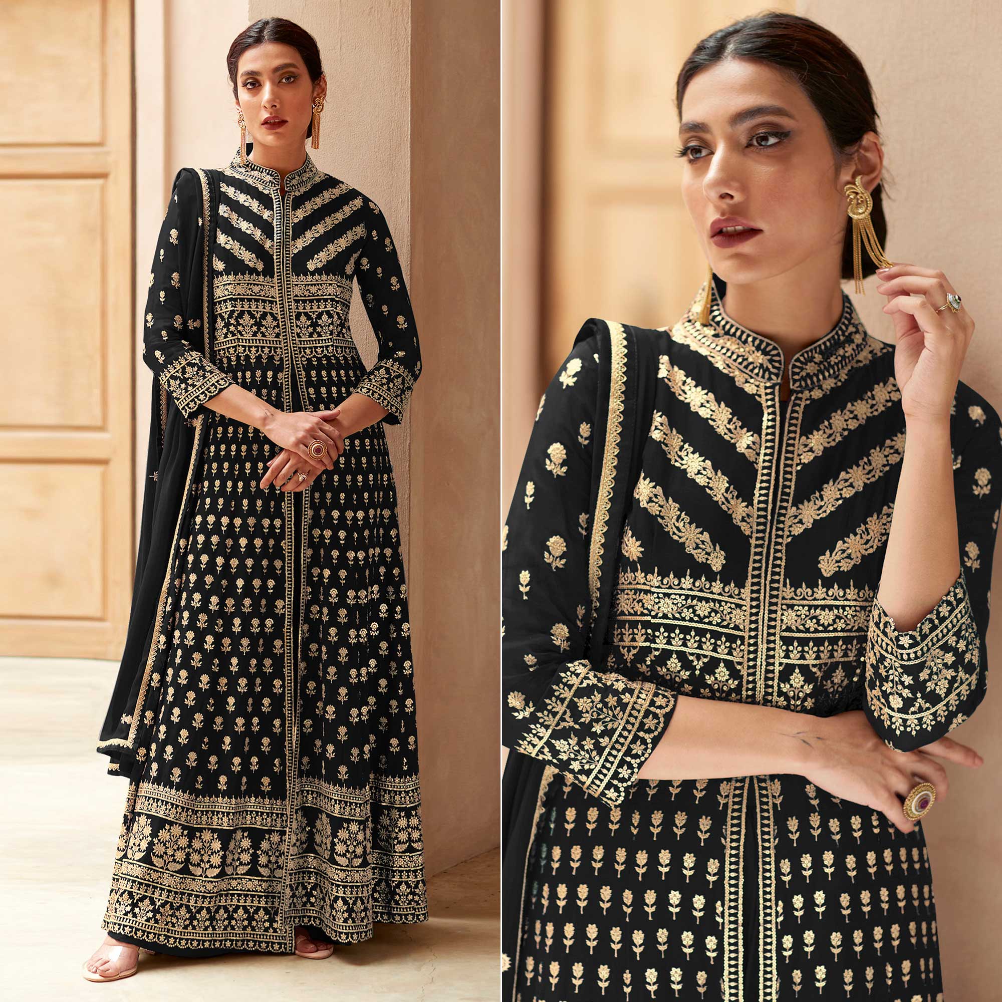 Black Floral Embroidered Georgette Palazzo Suit