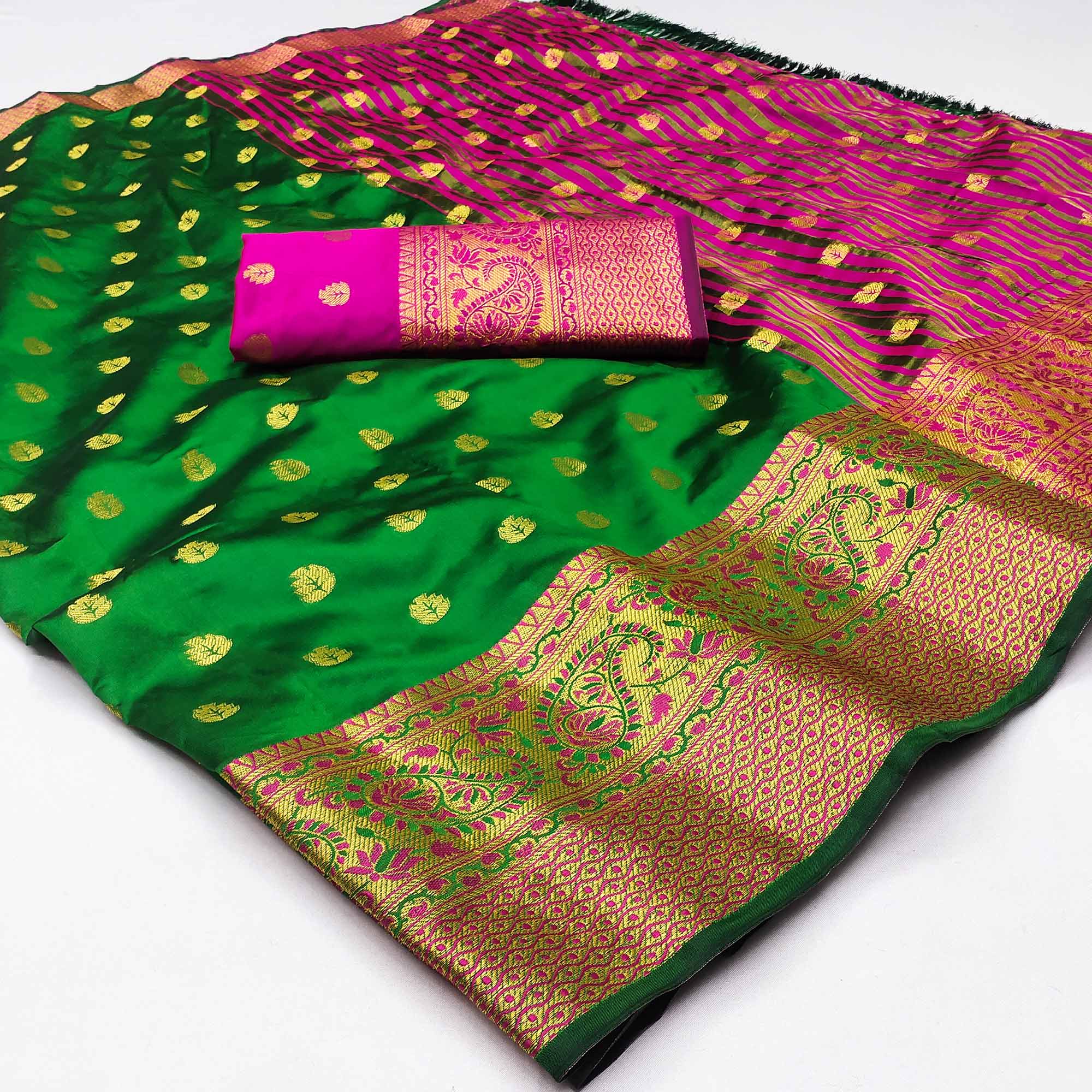 Green Woven Jacquard Saree With Tassels