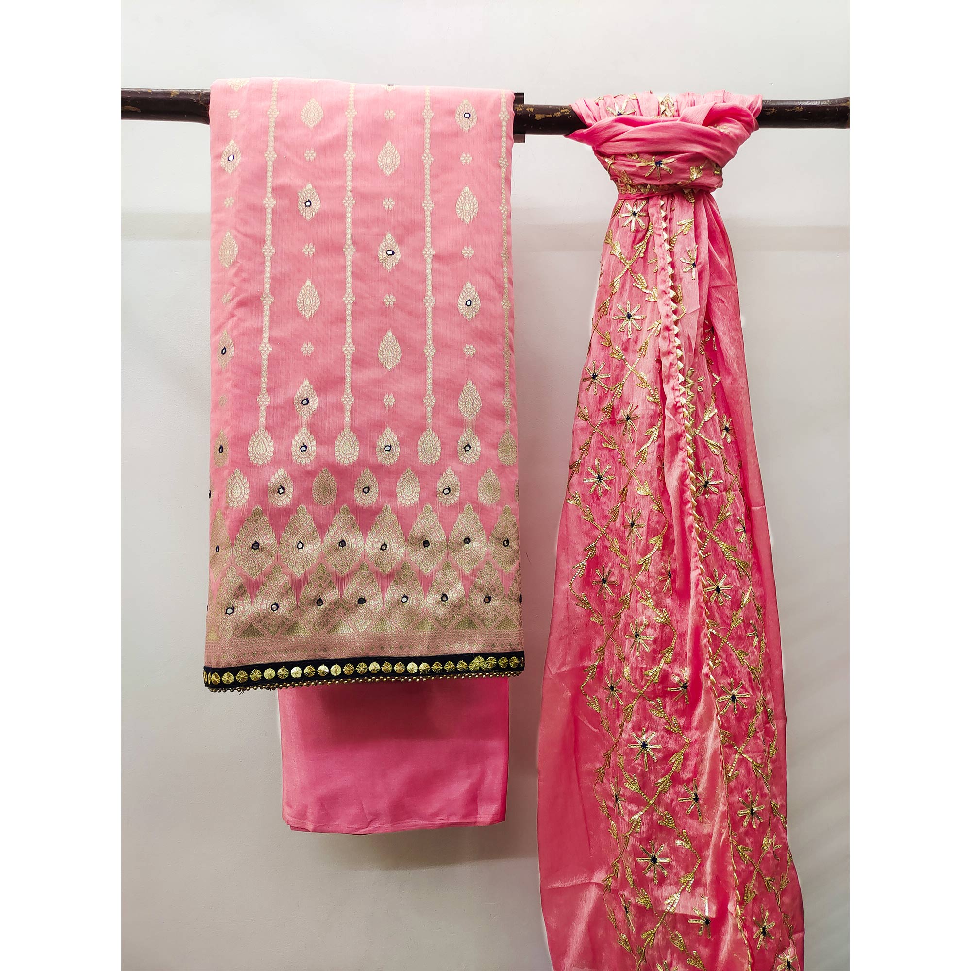 Pink Woven Banarasi Silk Dress Material