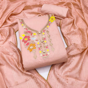 Peach Floral Woven Banarasi Silk Dress Material