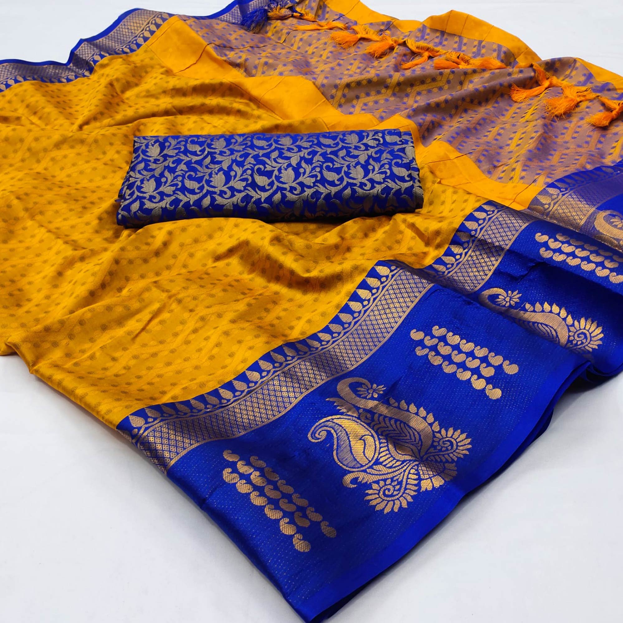 Golden Woven Cotton Silk Saree With Tassels