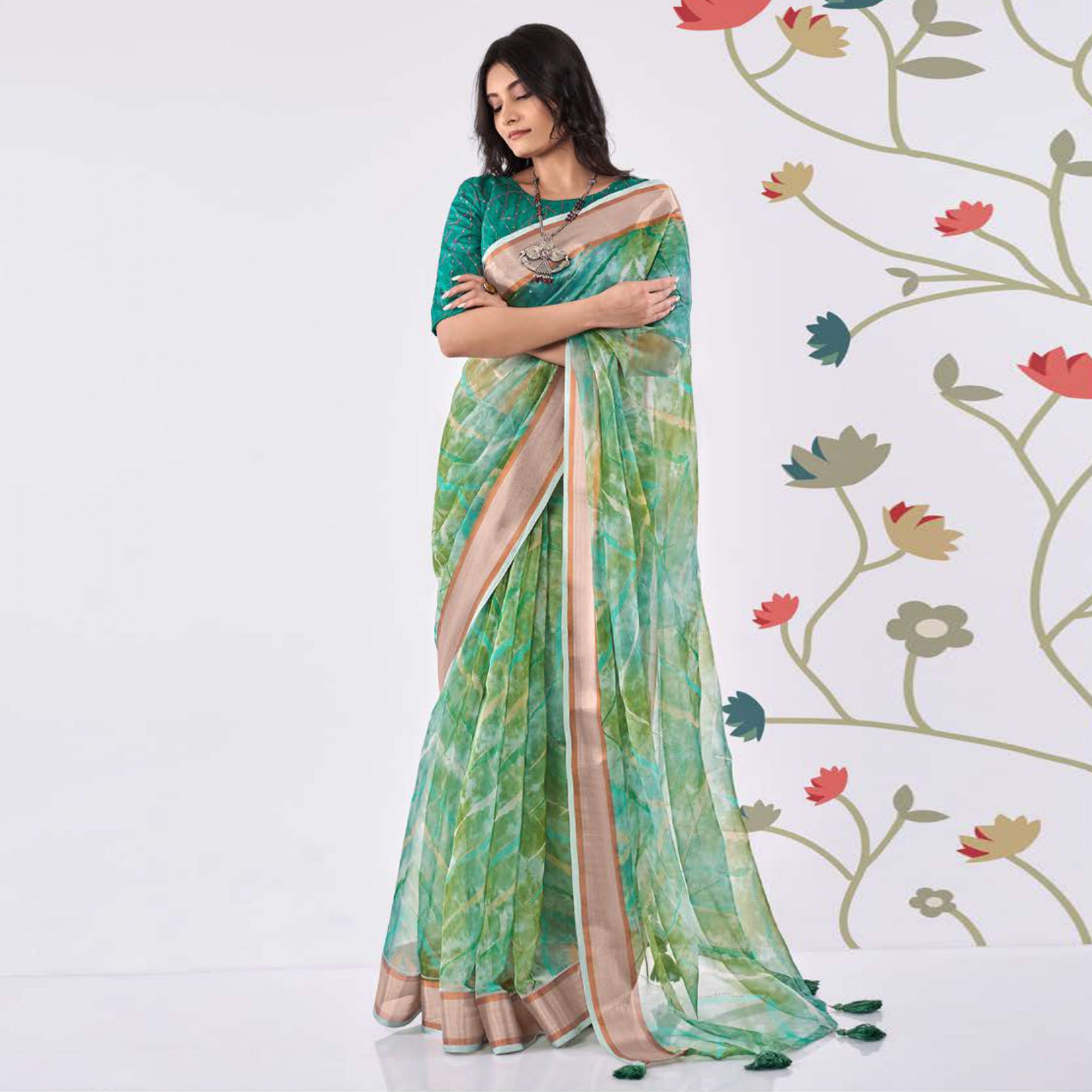 Green Printed Organza Saree With Woven Border