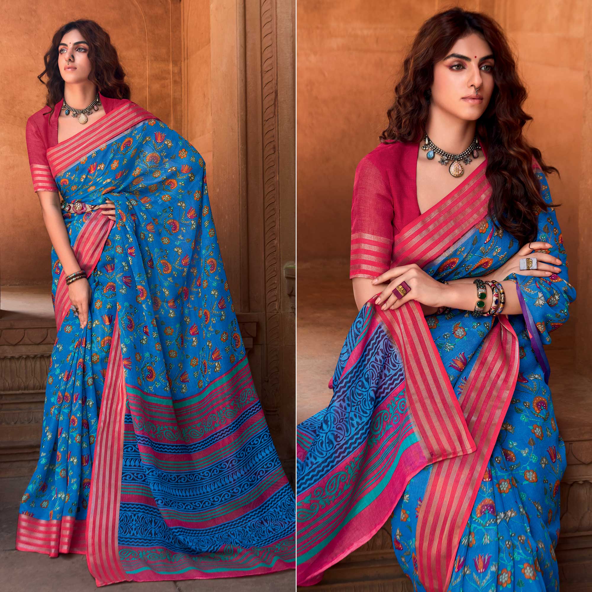 Blue Floral Printed Linen Saree