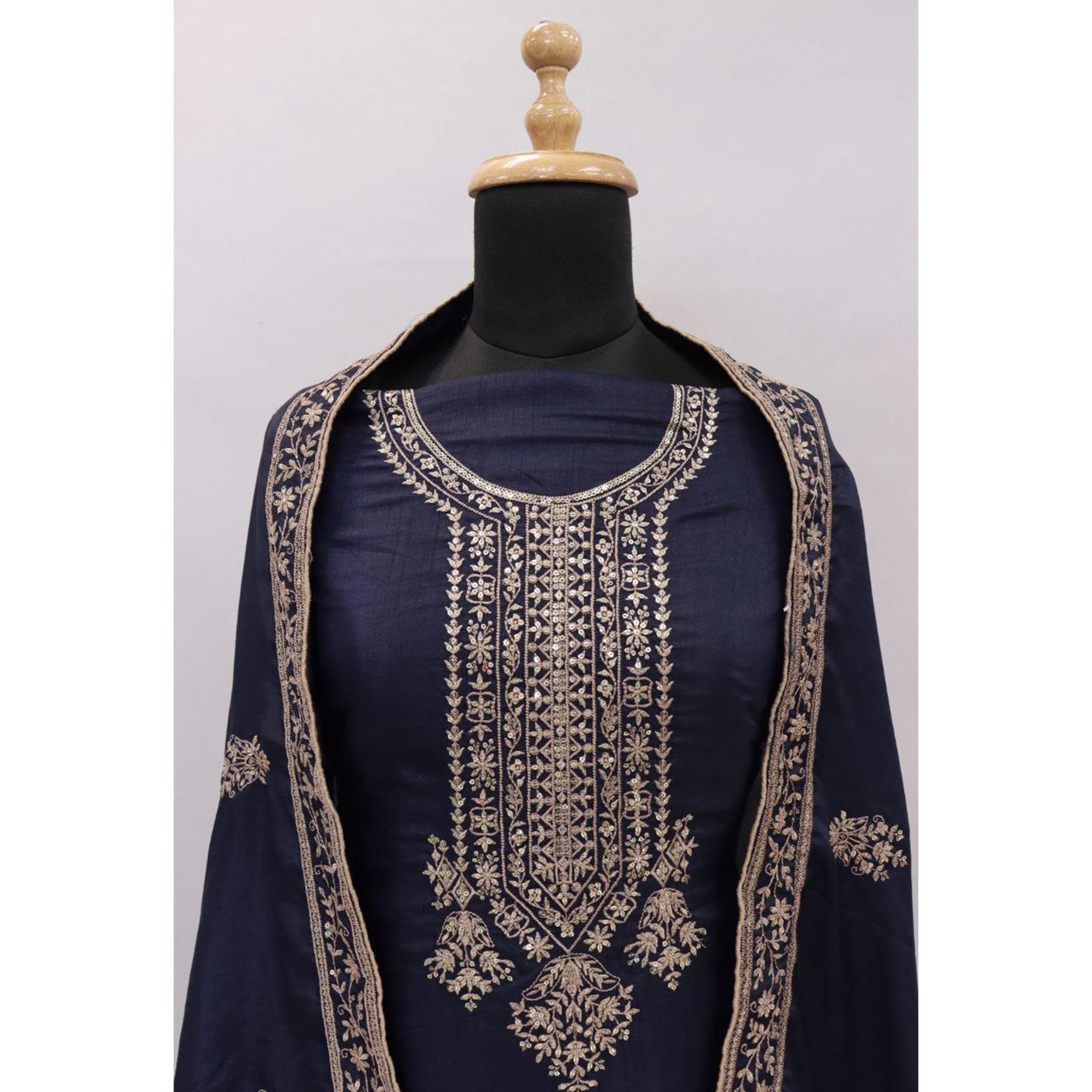 Navy Blue Embroidered Dola Silk Salwar Suit