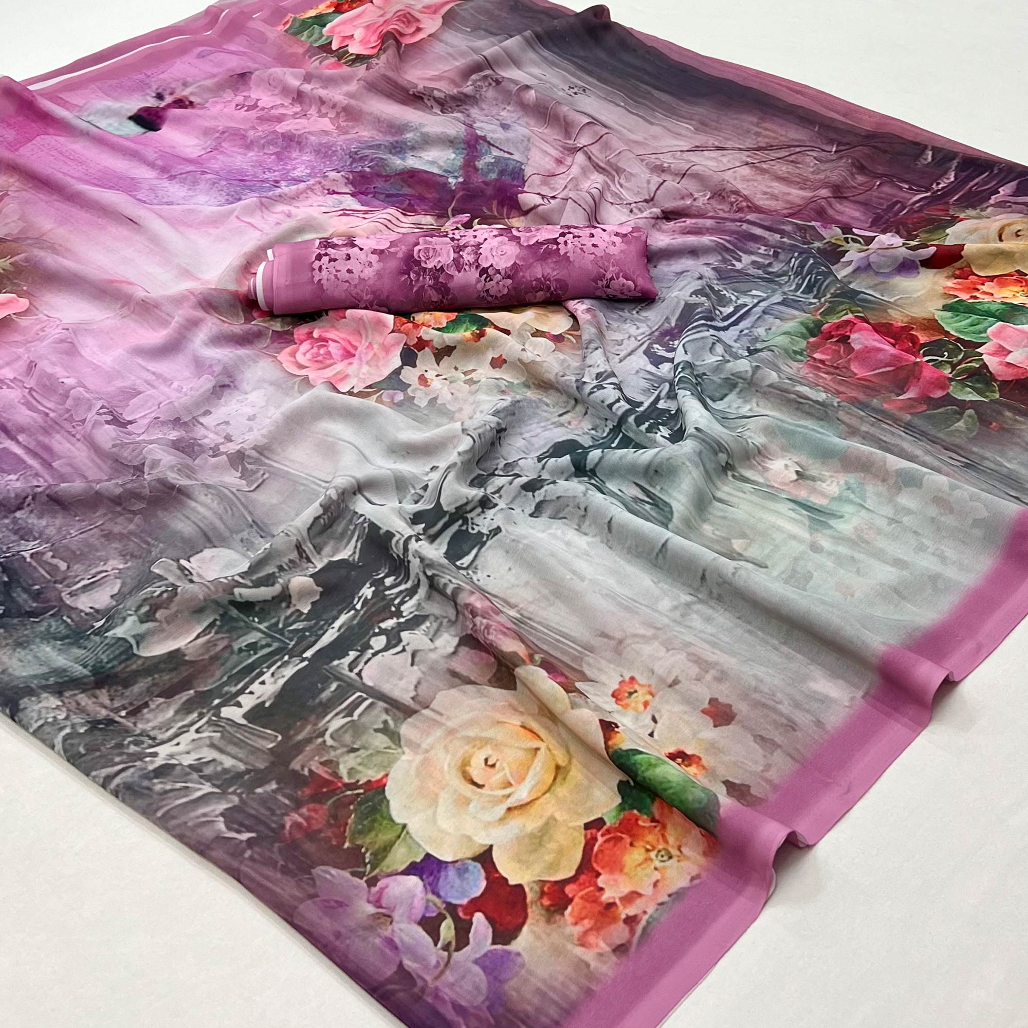 Pink Digital Printed Georgette Saree