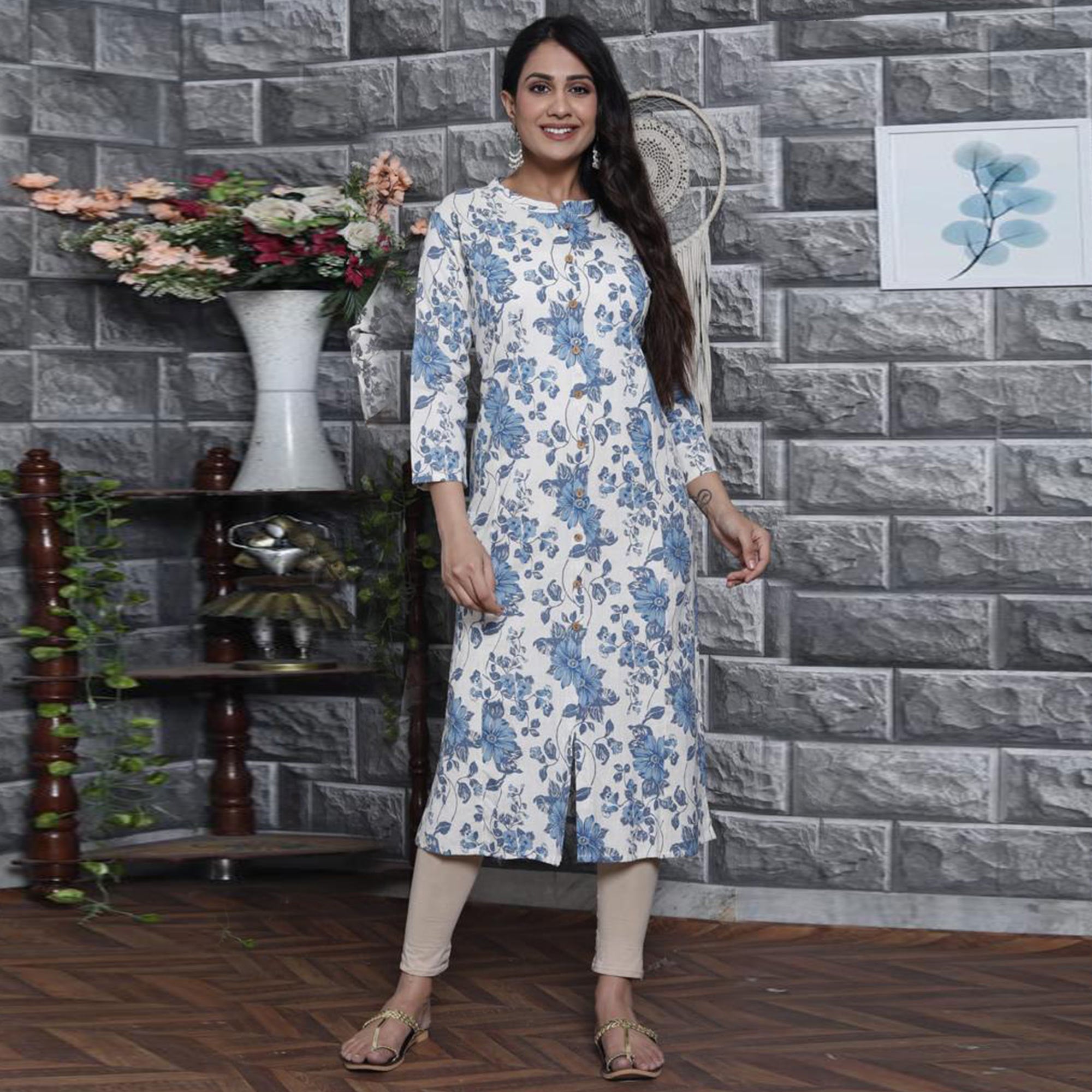 White Blue Floral Printed Cotton Kurti