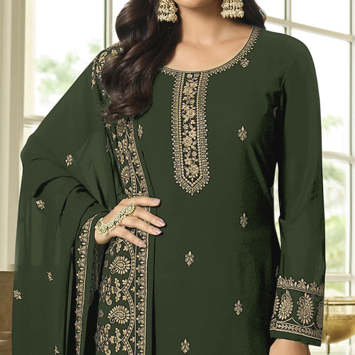 Green Floral Embroidered Georgette Sharara Suit