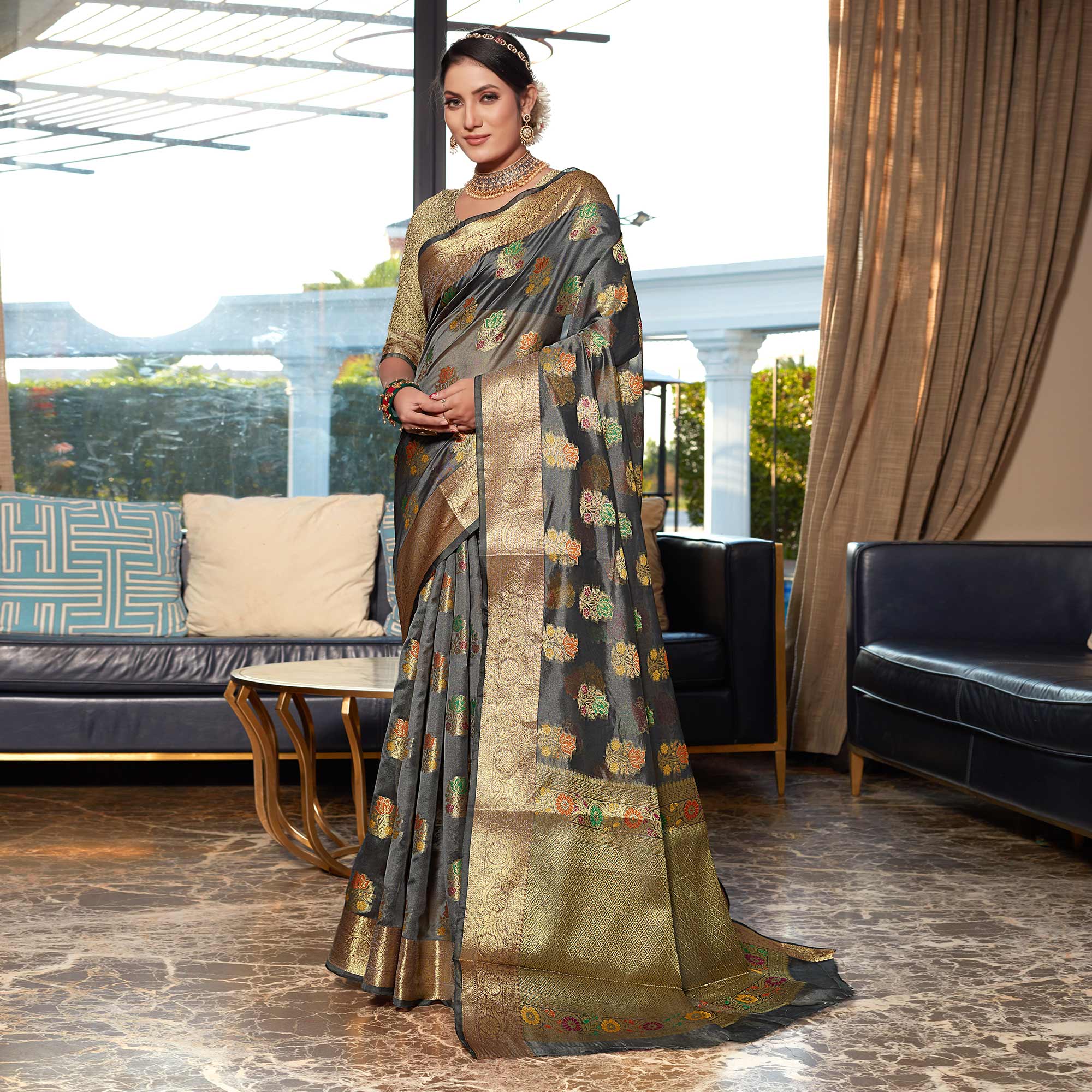 Grey Floral Woven Organza Saree