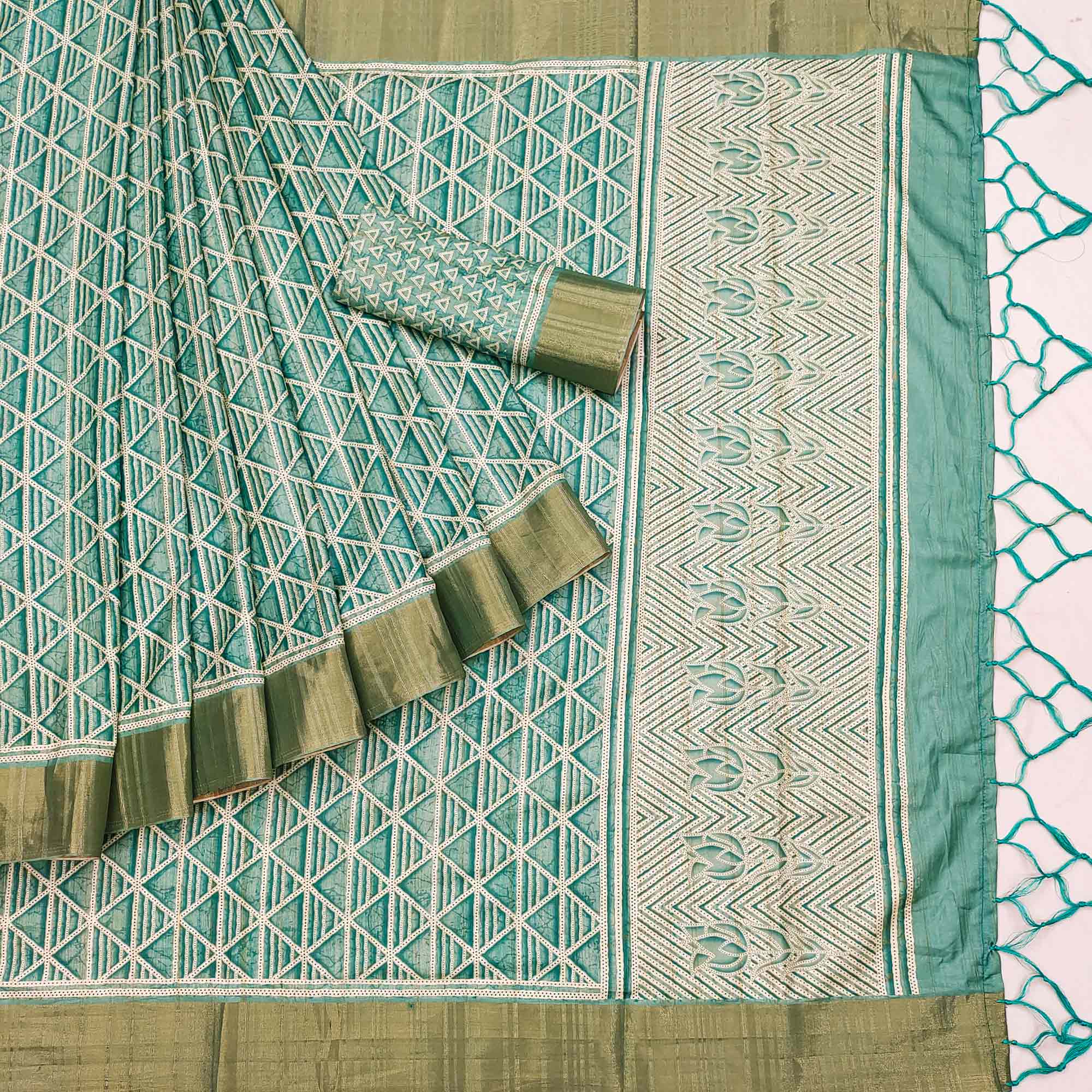 Turquoise Printed Matka Tussar Saree With Tassels