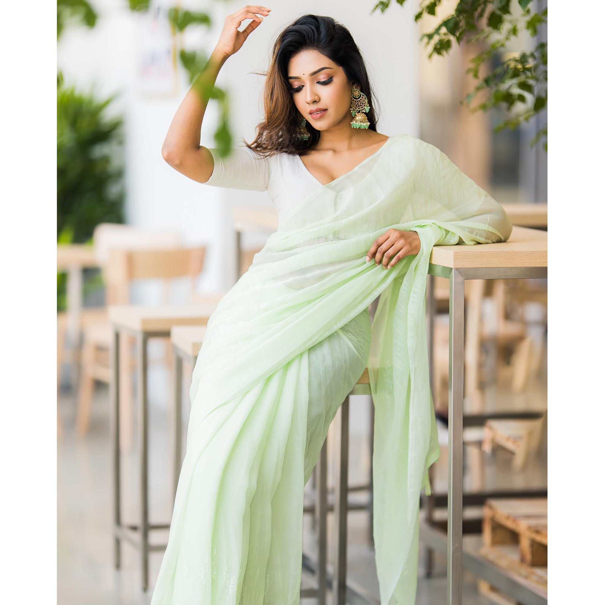 Pista Green Sequins Embroidered Zomato Silk Saree With Tassels