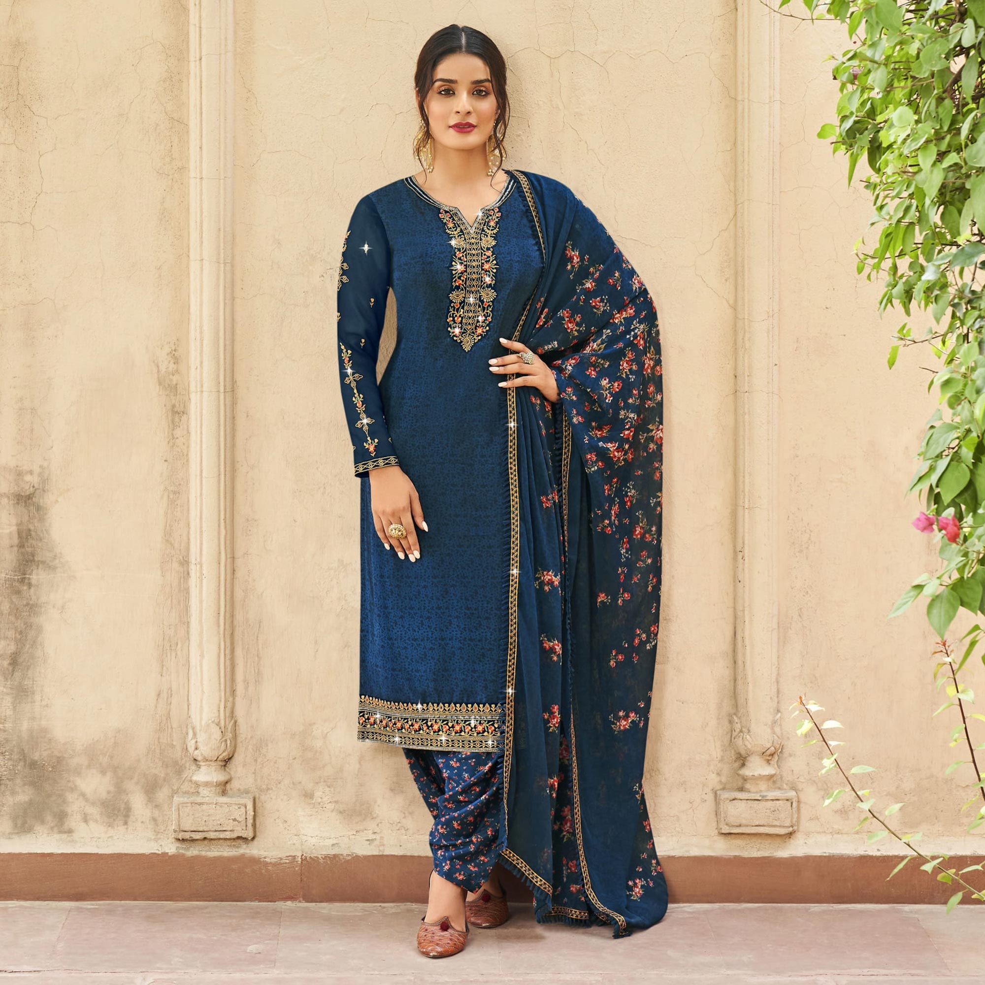 Navy Blue Floral Embroidered Crepe Patiala Suit