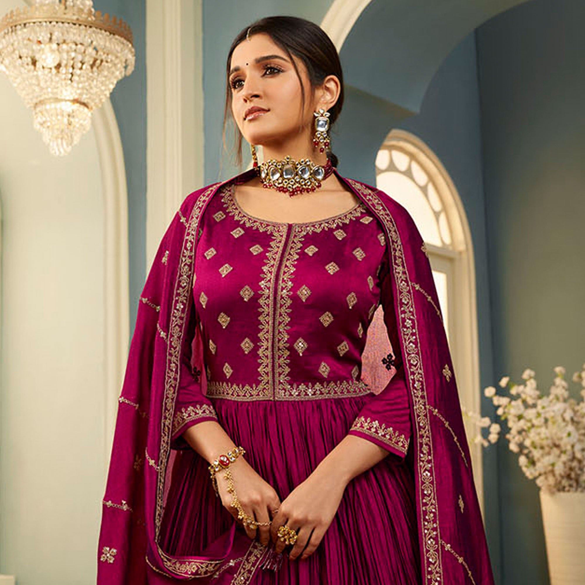 Wine Embroidered Georgette Gown