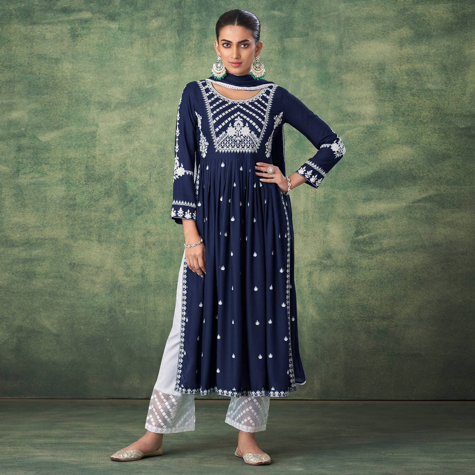 Navy Blue Lucknowi Work Rayon Naira Cut Palazzo Suit