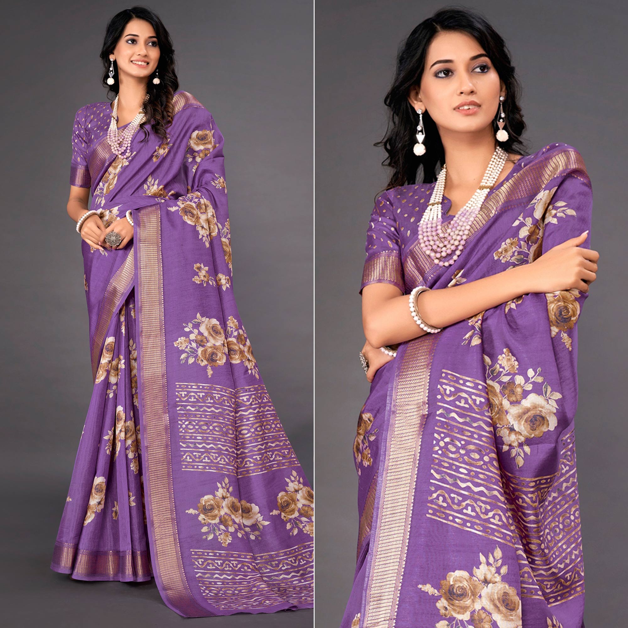 Violet Floral Printed Dola Silk Saree