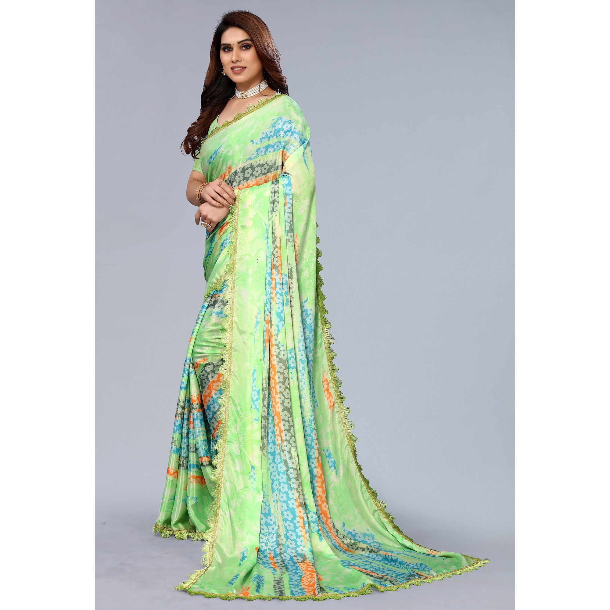 Parrot Green Floral Printed Art Silk Saree With Crochet Border