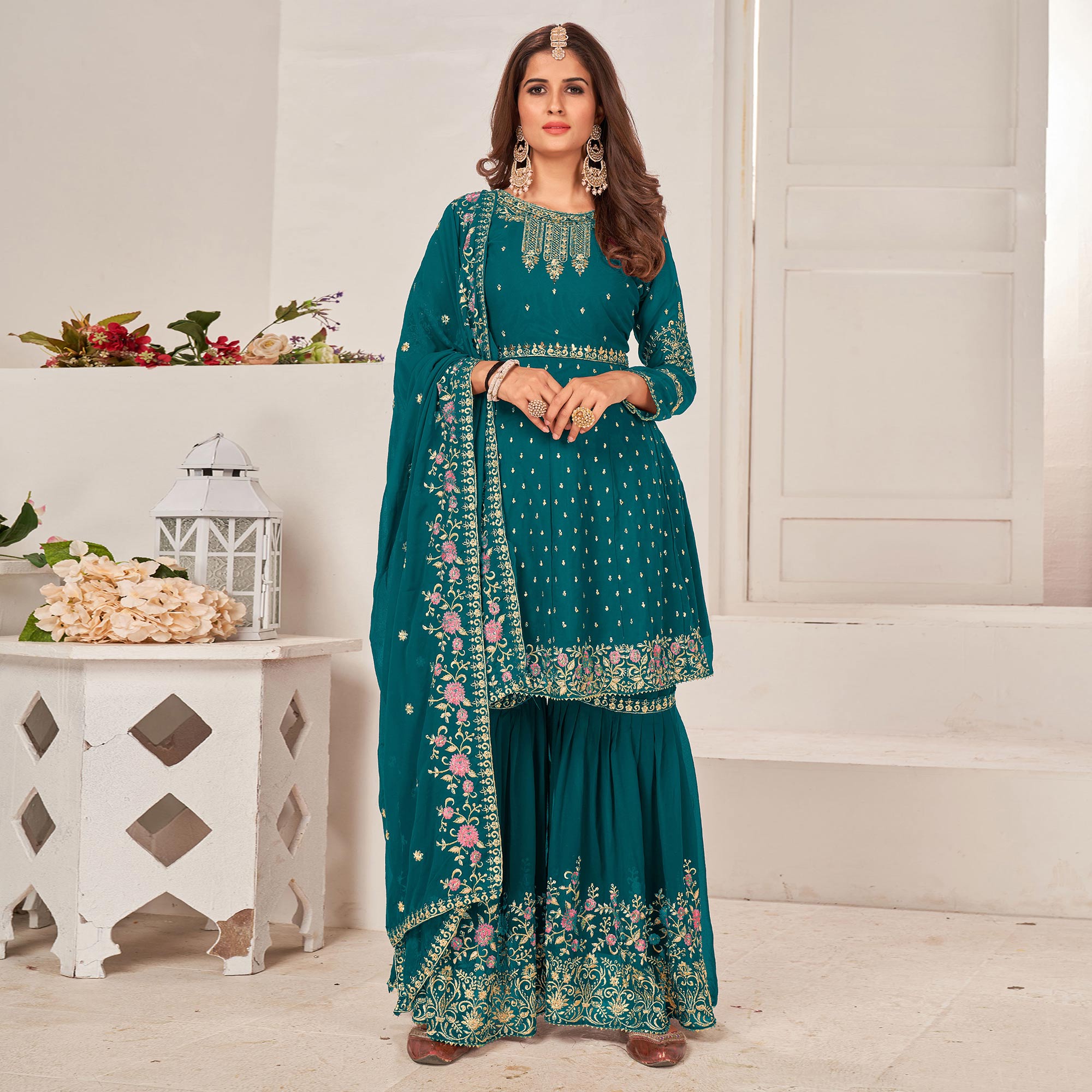 Teal Blue Sequins Embroidered Georgette Sharara Suit
