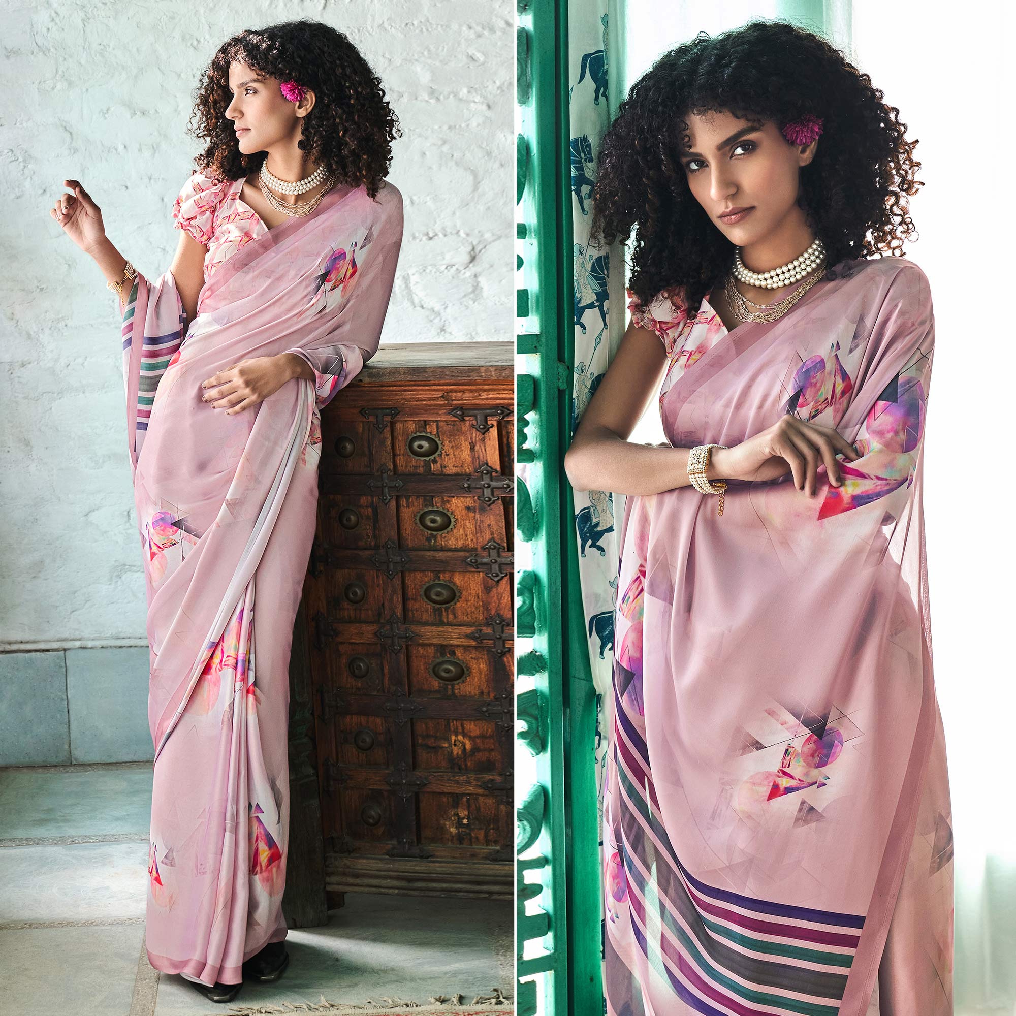 Light Pink Digital Printed Satin Saree