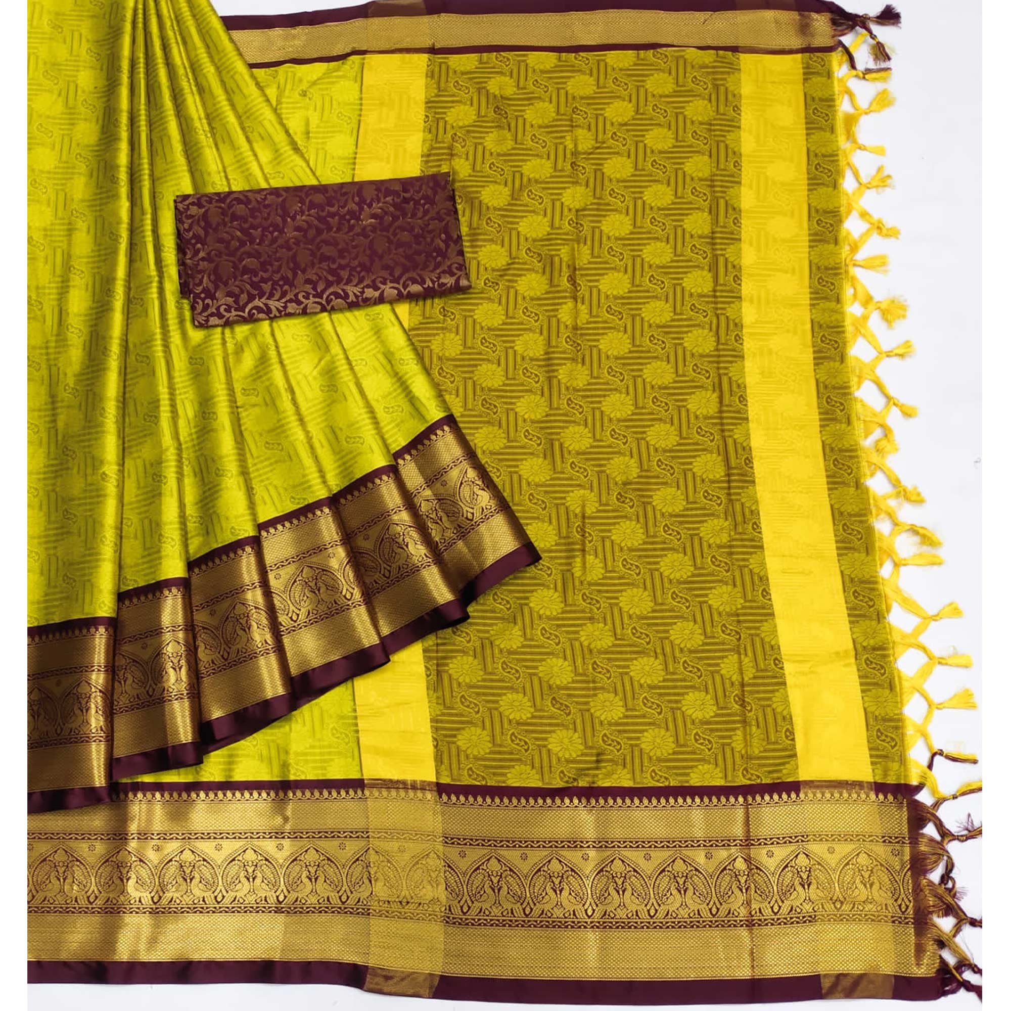 Lemon Green Maroon Woven Cotton Silk Saree With Tassels