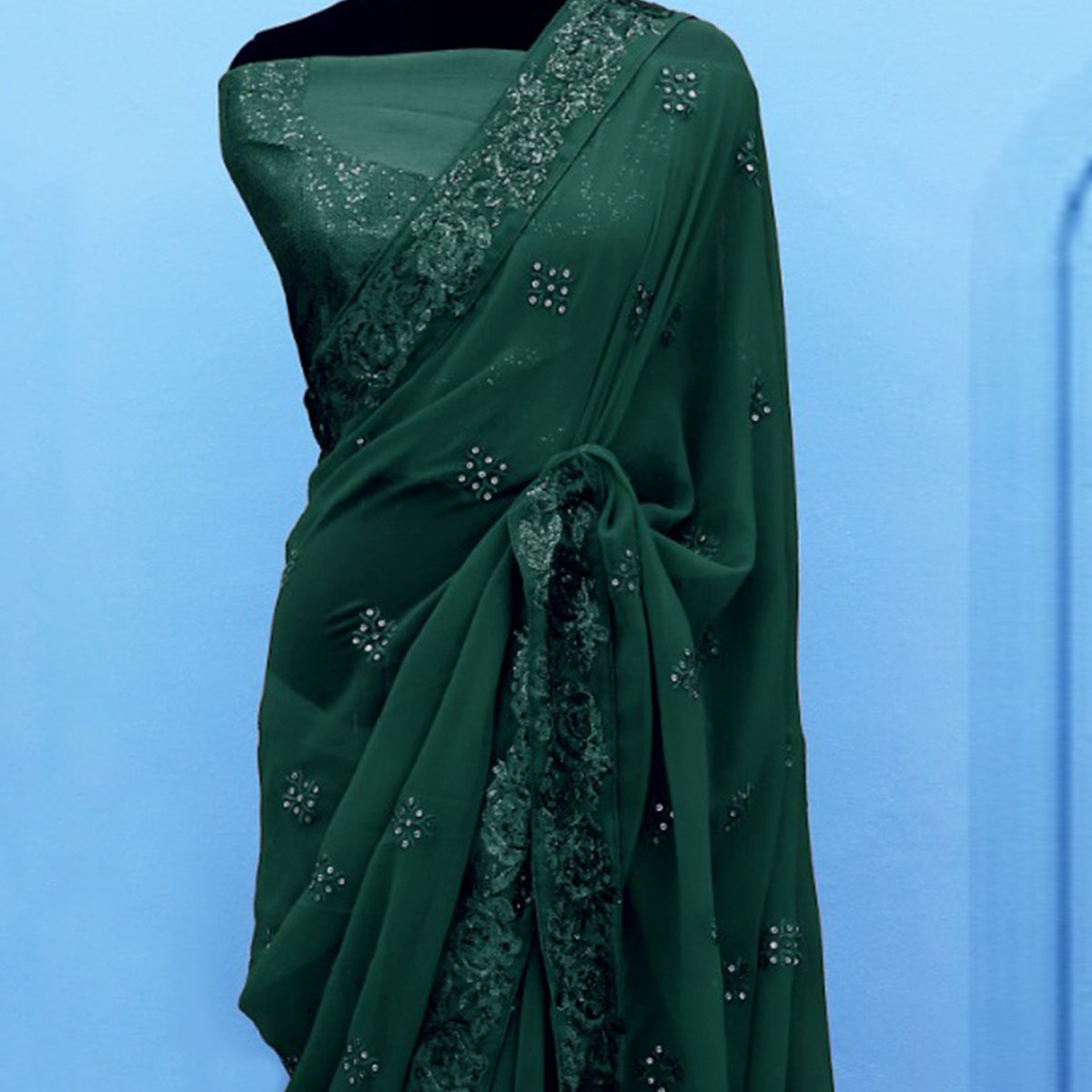 Green Sequins Emroidered Georgette Saree