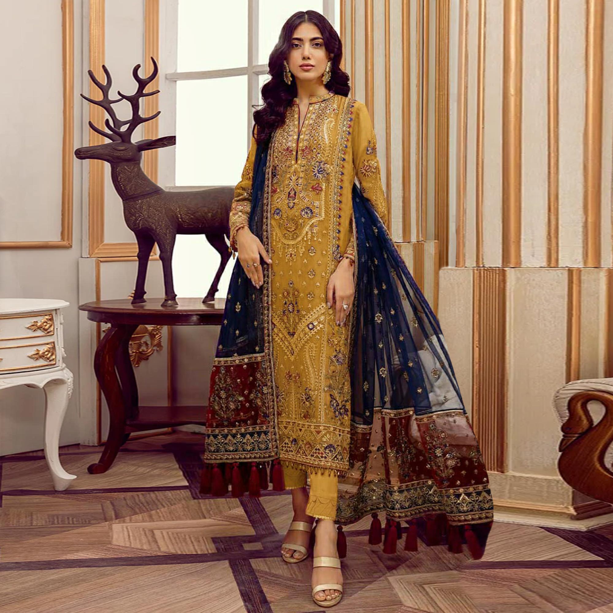 Mustard Floral Embroidered Georgette Pakistani Suit