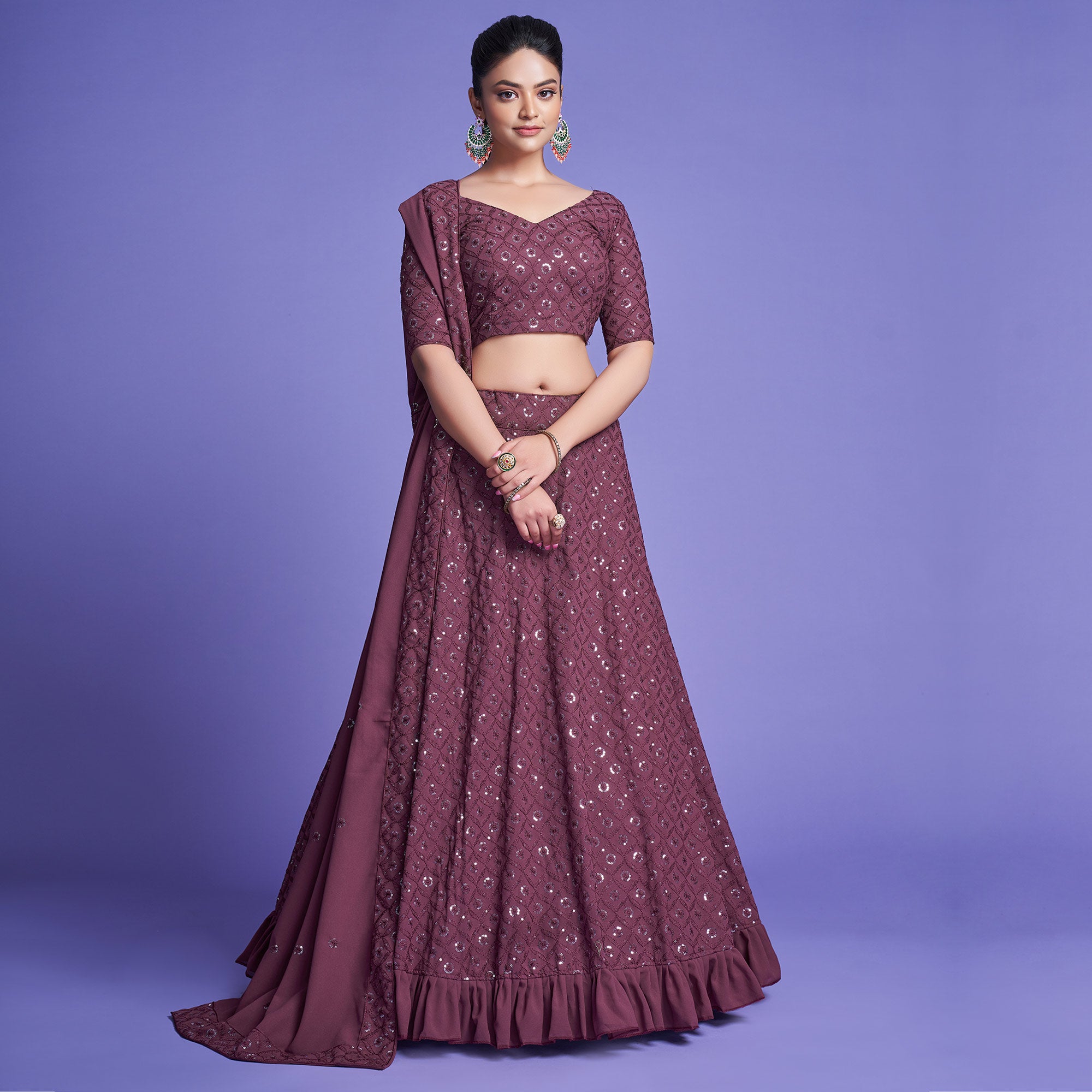 Mauve Sequins Embroidered Georgette Lehenga Choli
