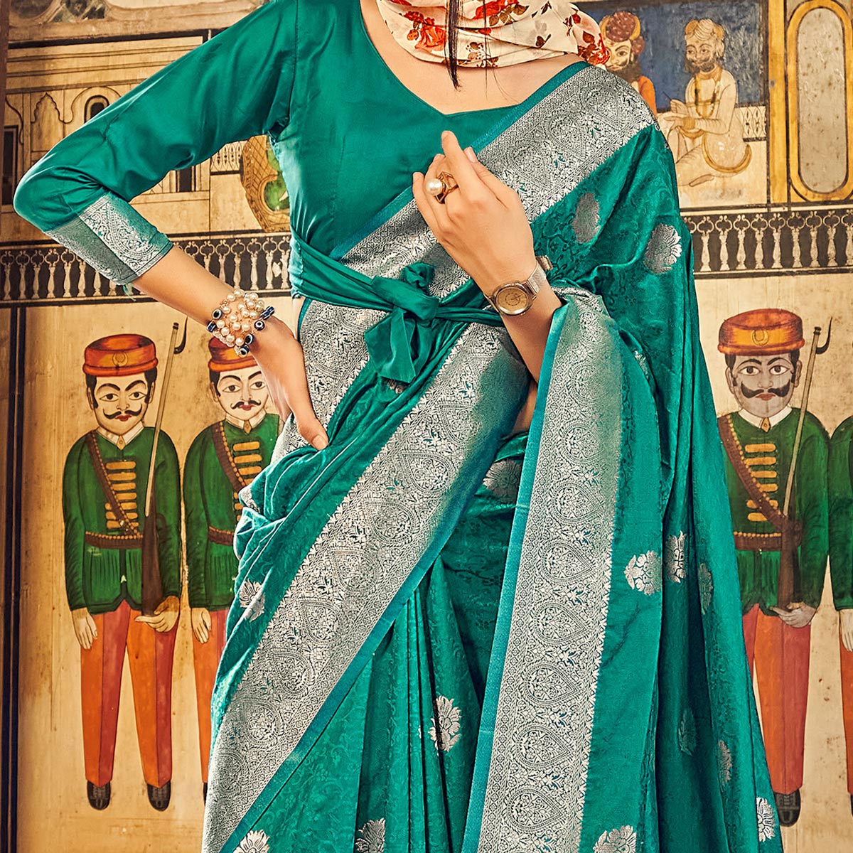 Rama Green Woven Satin Saree