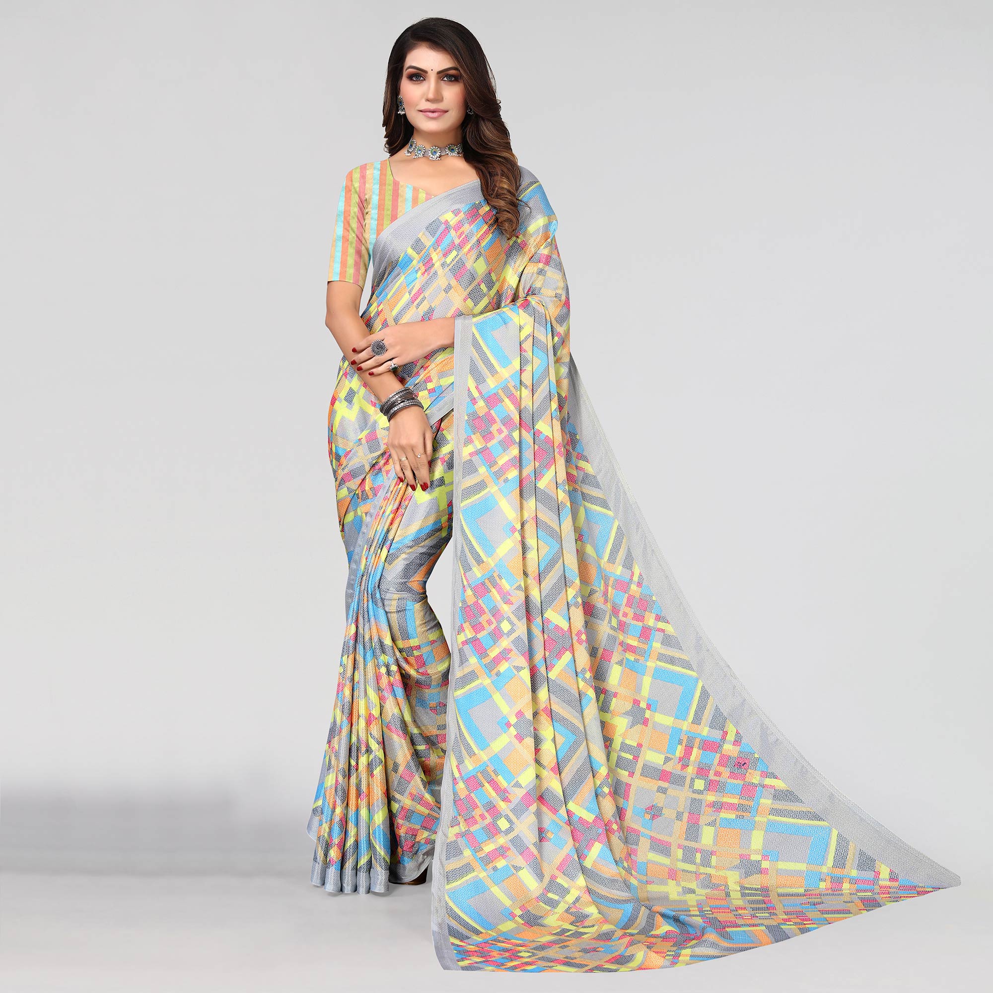 Grey Geometric Printed Chiffon Saree