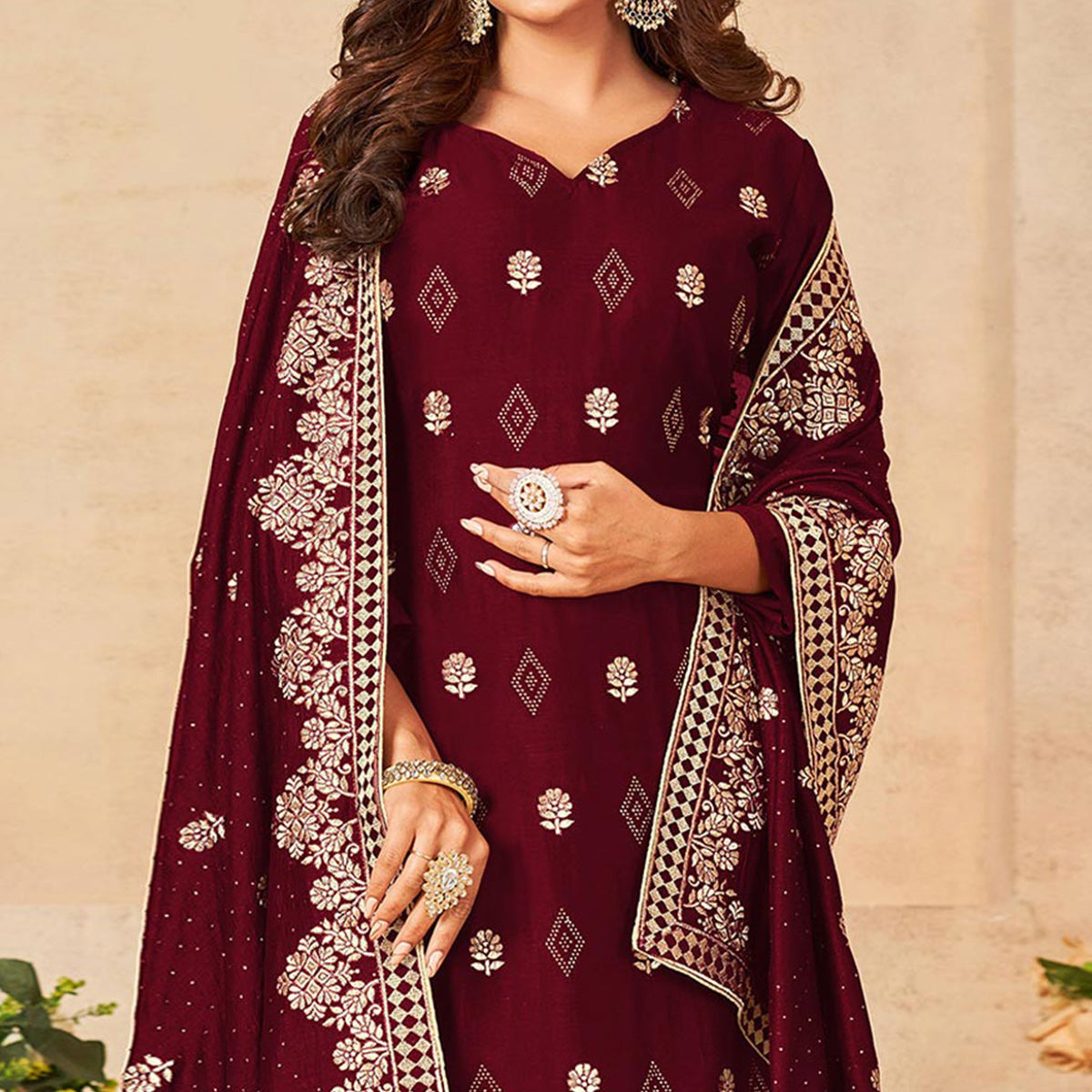 Maroon Embroidered Vichitra Silk Suit