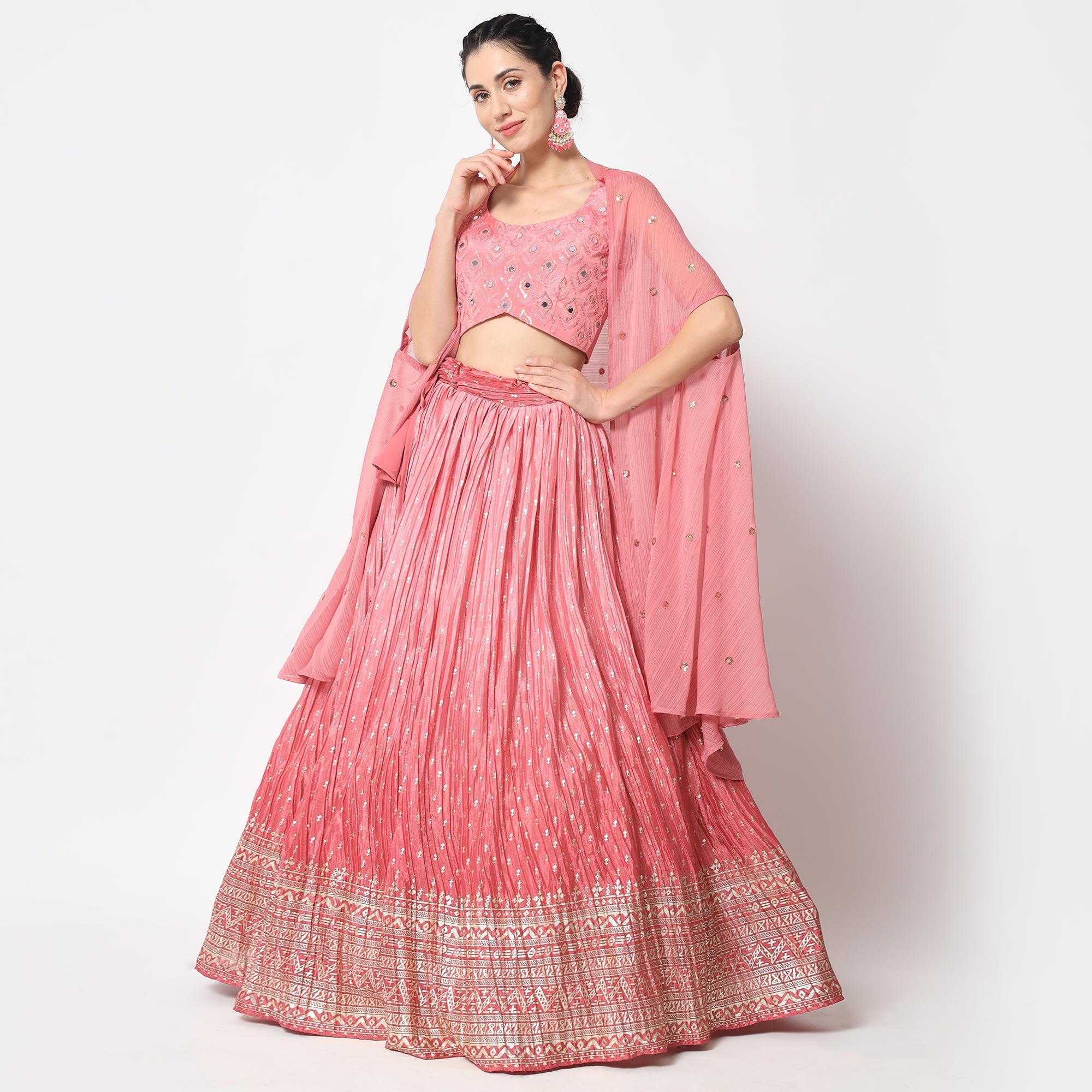 Pink Foil Printed Chiffon Lehenga Choli