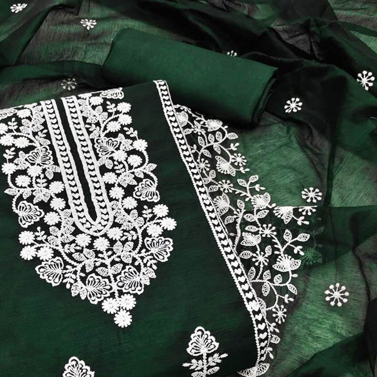 Green Floral Embroidered Chanderi Dress Material