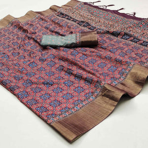 Purple Floral Printed Matka Tussar Saree With Tassels