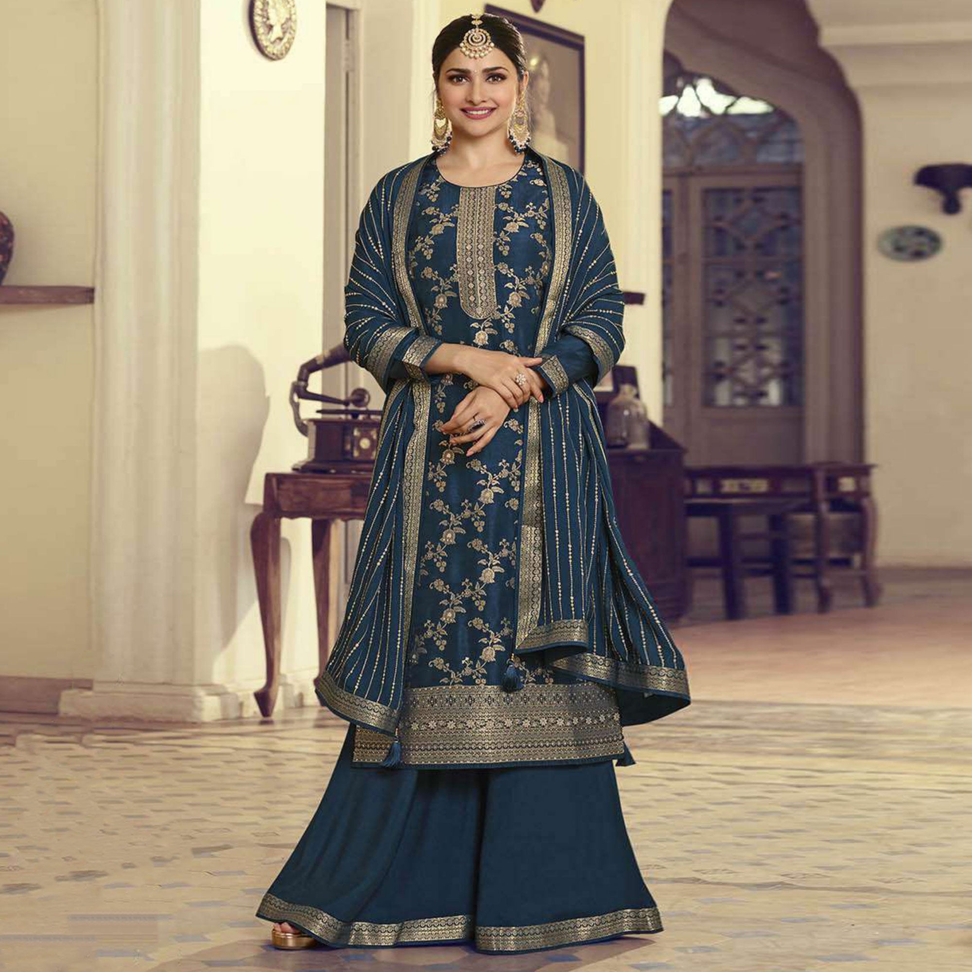 Teal Blue Embroidered Dola Silk Palazzo Suit